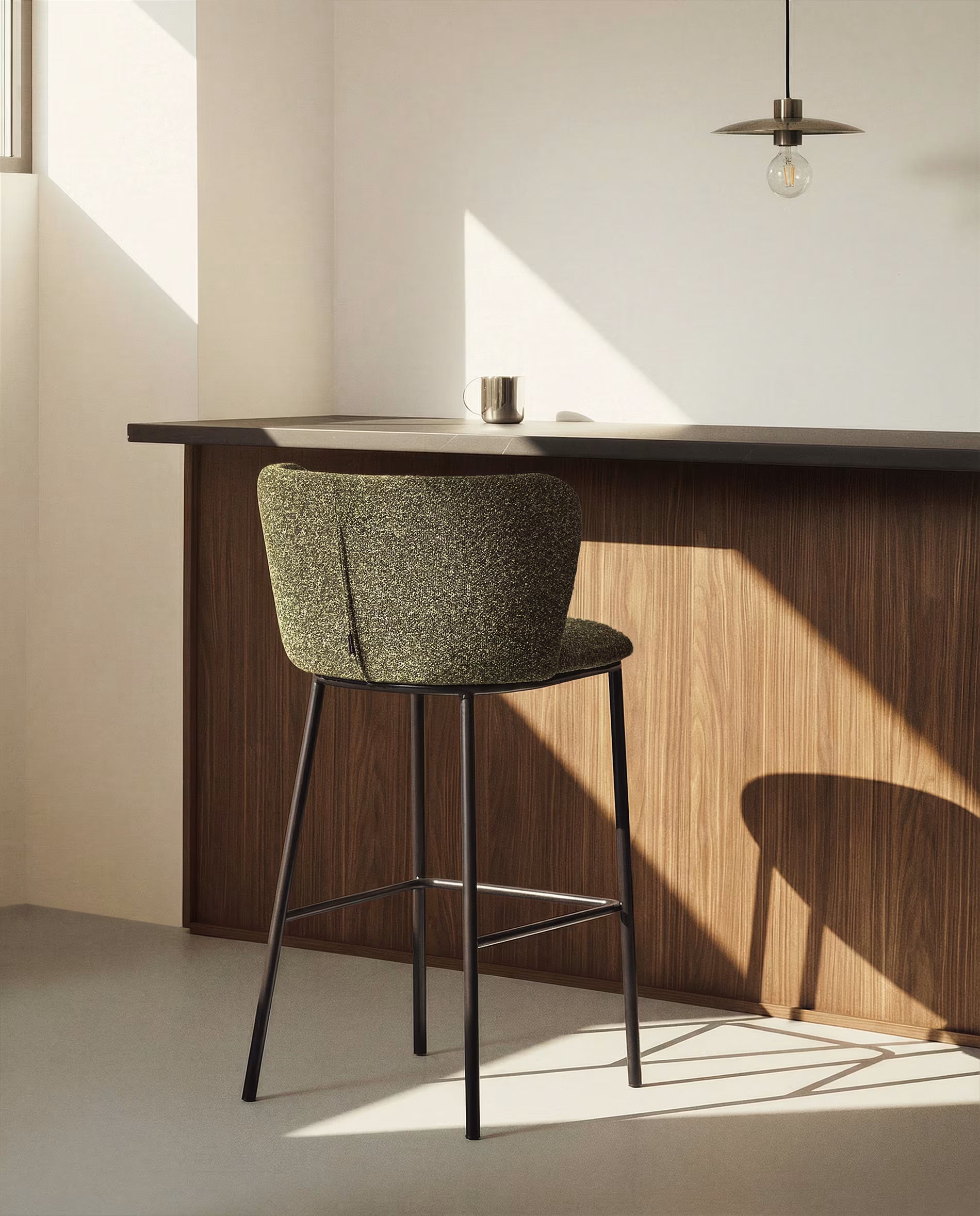 Bar Stool CISELIA Dark Green Chenille with Black Base