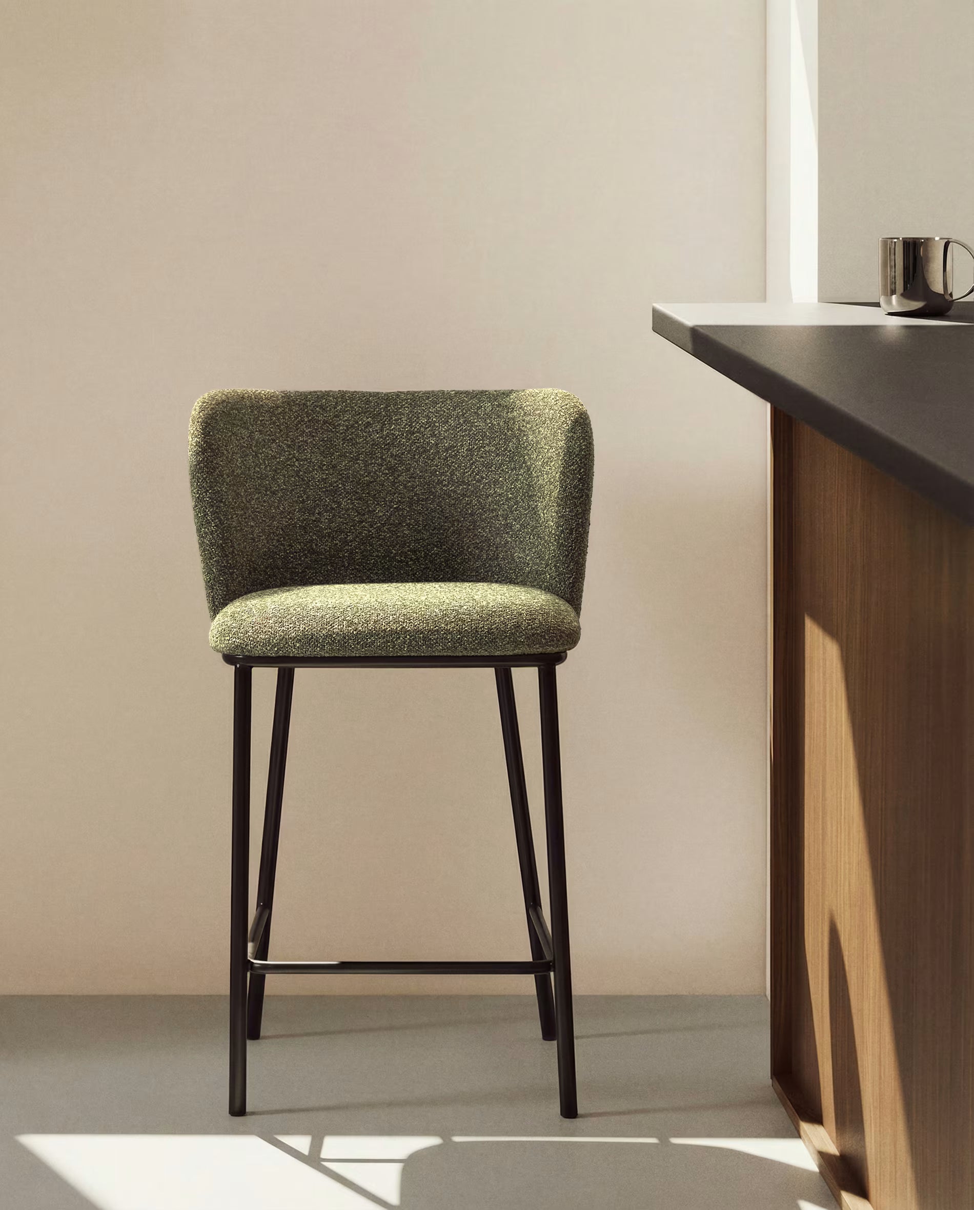 Bar Stool CISELIA Dark Green Chenille with Black Base