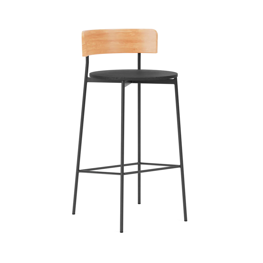 FRIDAY Bar Stool in Black with Wooden Backrest and Black Base