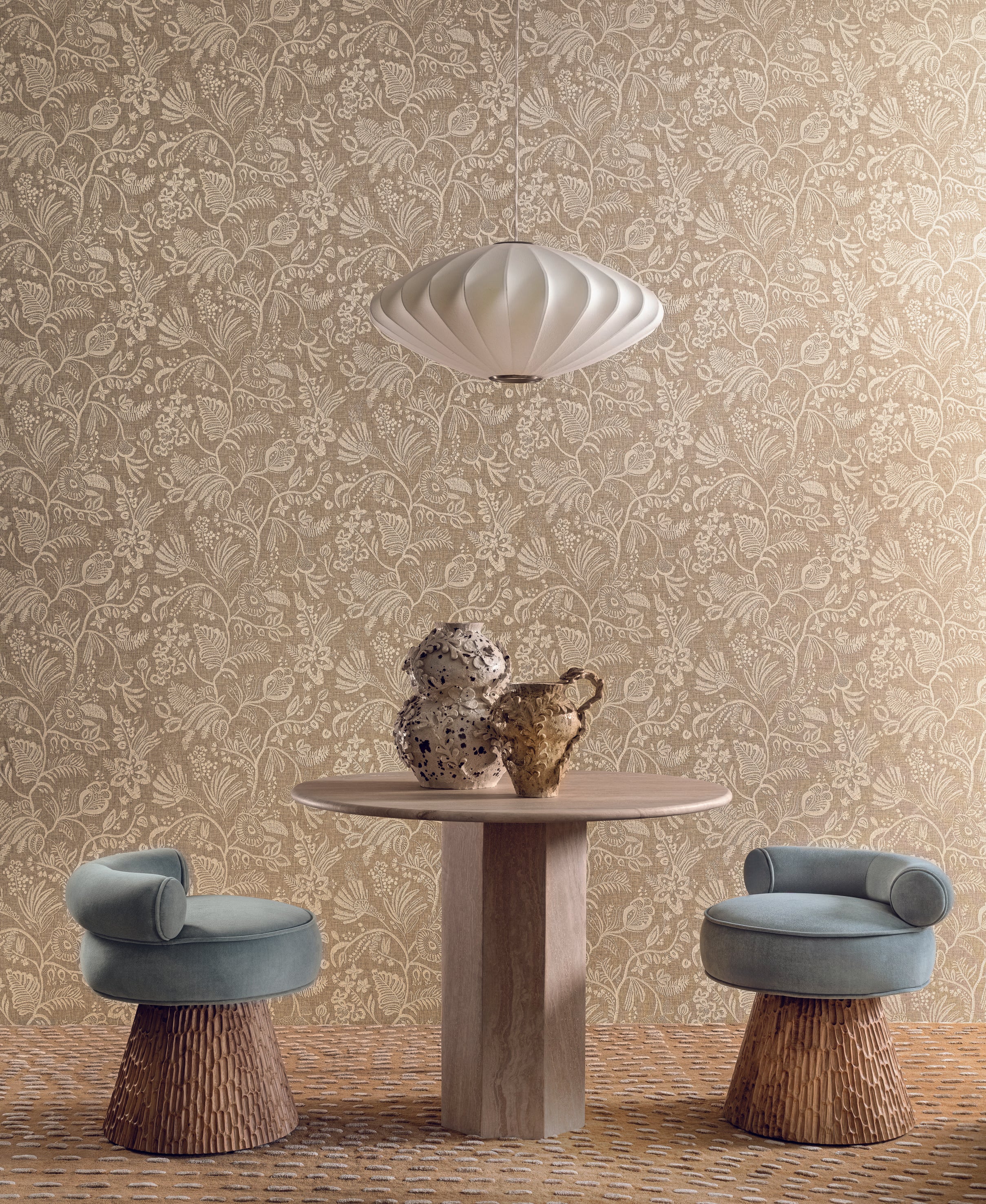 Embroidered effect wallpaper PASTE terracotta with beige