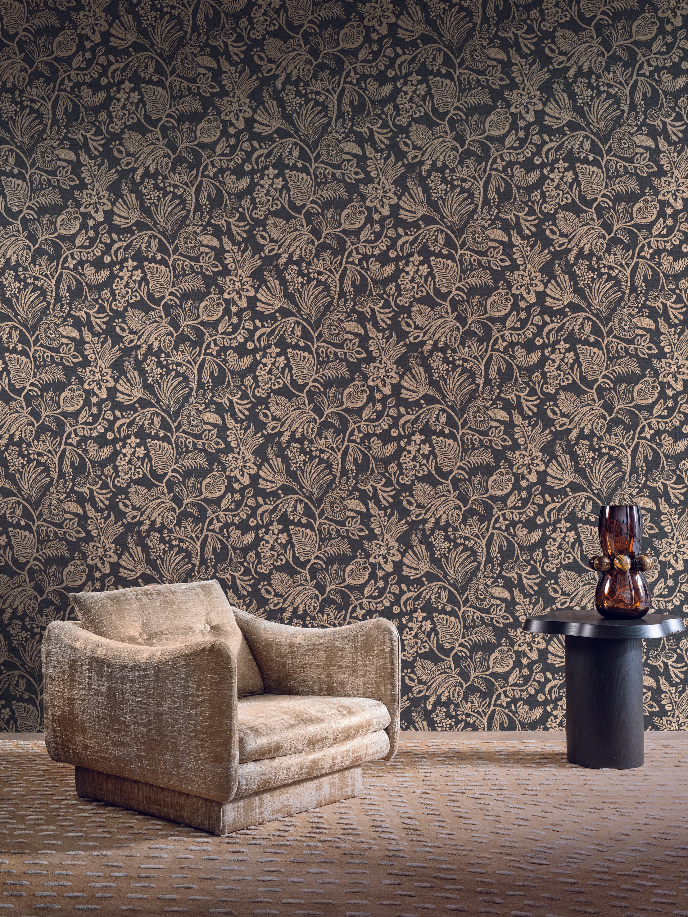 Embroidered effect wallpaper PASTE terracotta with beige