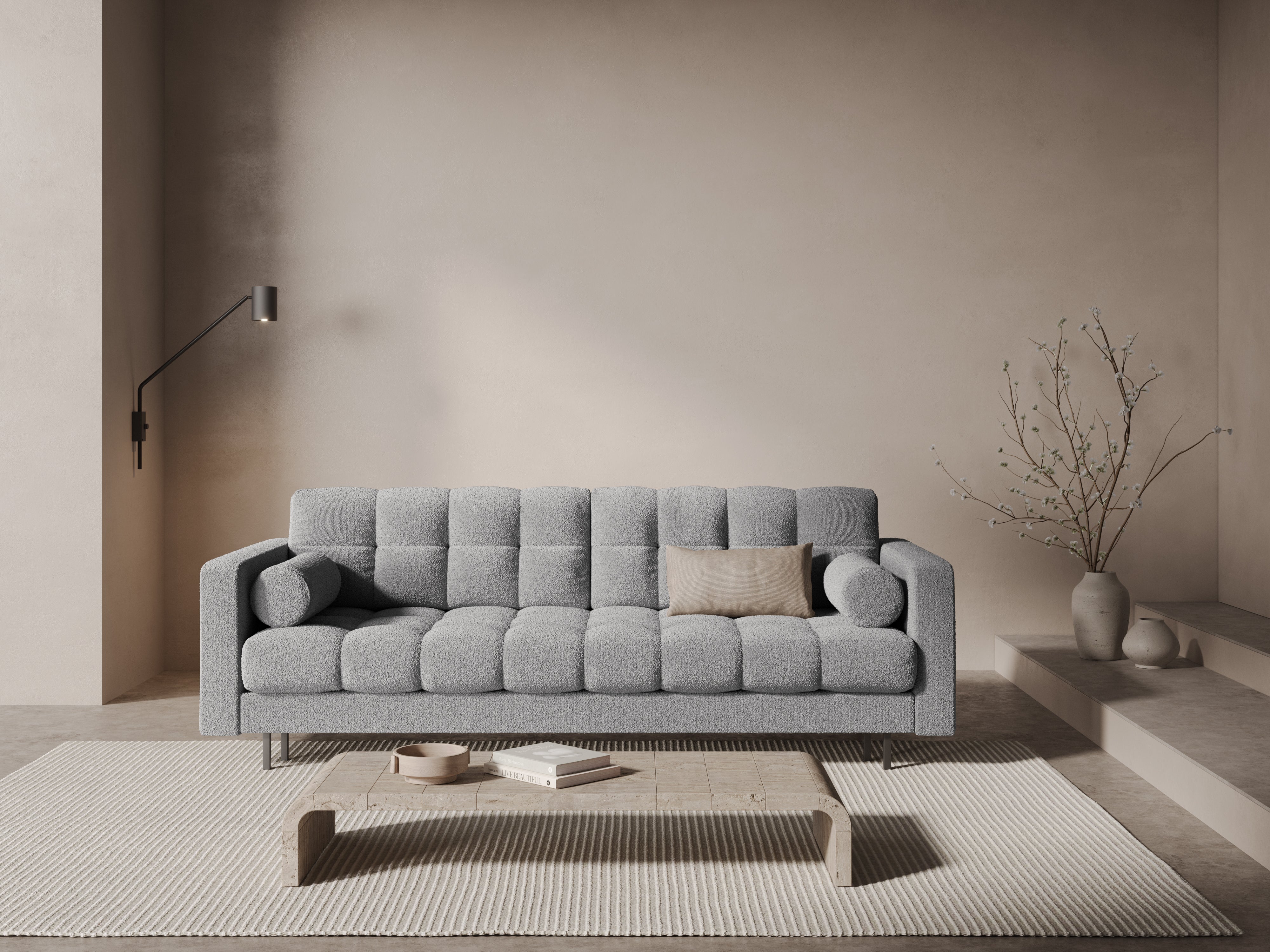Sofa 3-osobowa z funkcją spania BALI jasnoszary bouclé z czarną podstawą