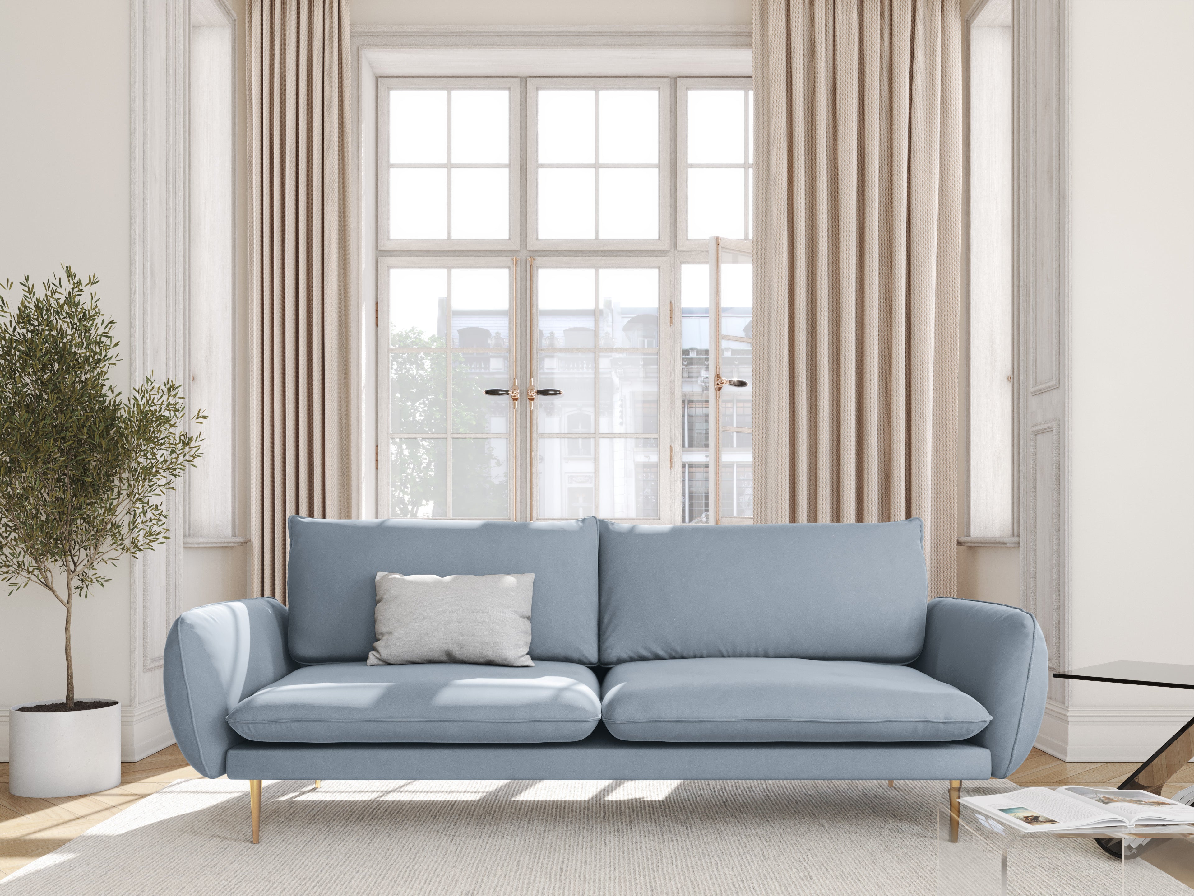 Velvet sofa for 4 people VIENNA light blue with a gold base
