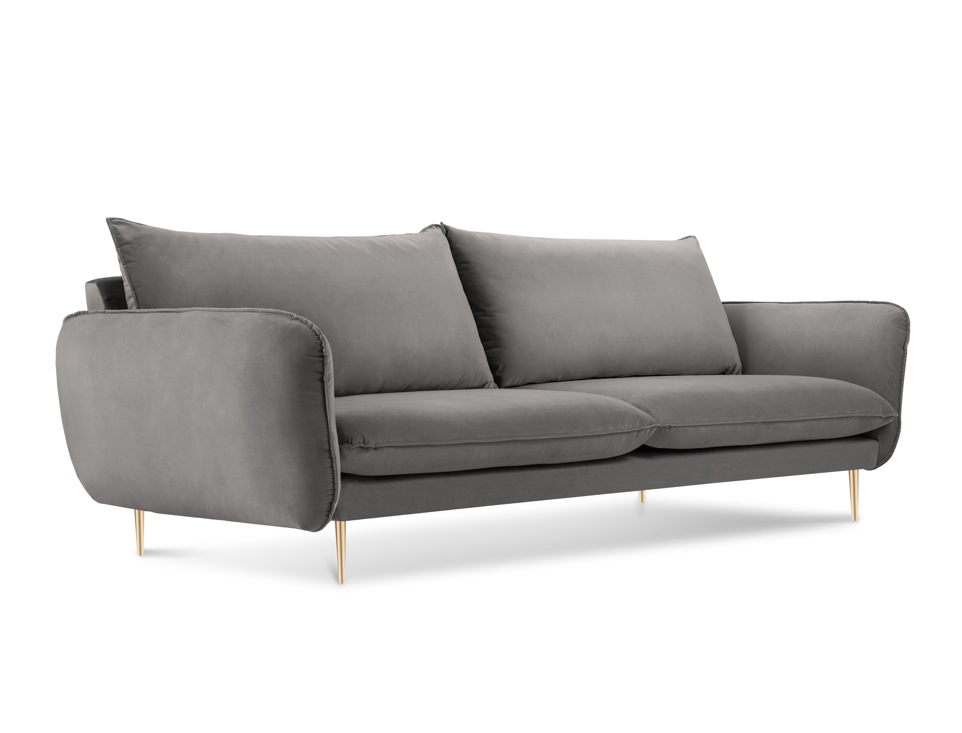 Velvet sofa for 4 people VIENNA light gray with a gold base