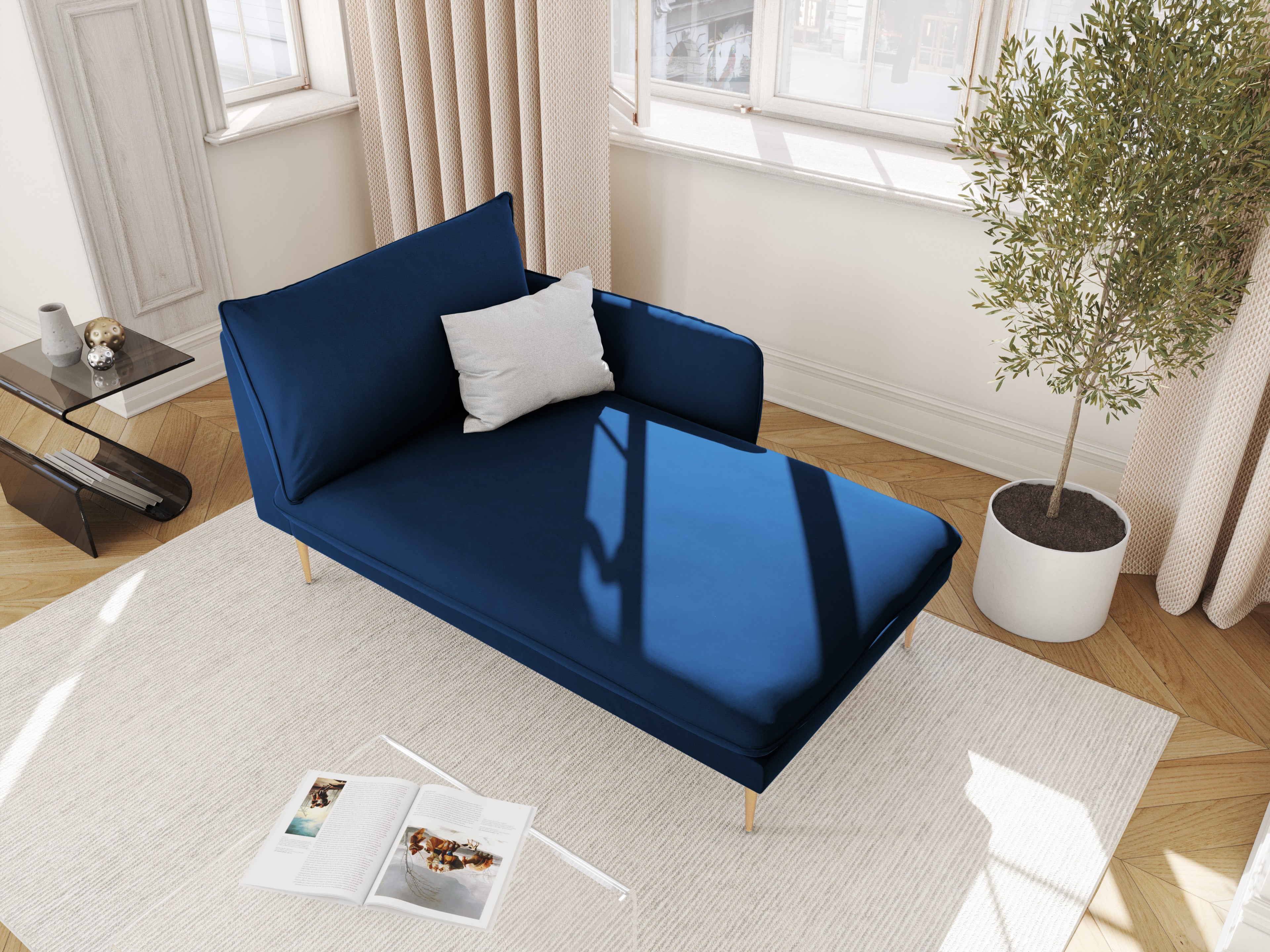 Sofalängs rechts VIENNA in königsblauem Samt mit goldenem Gestell