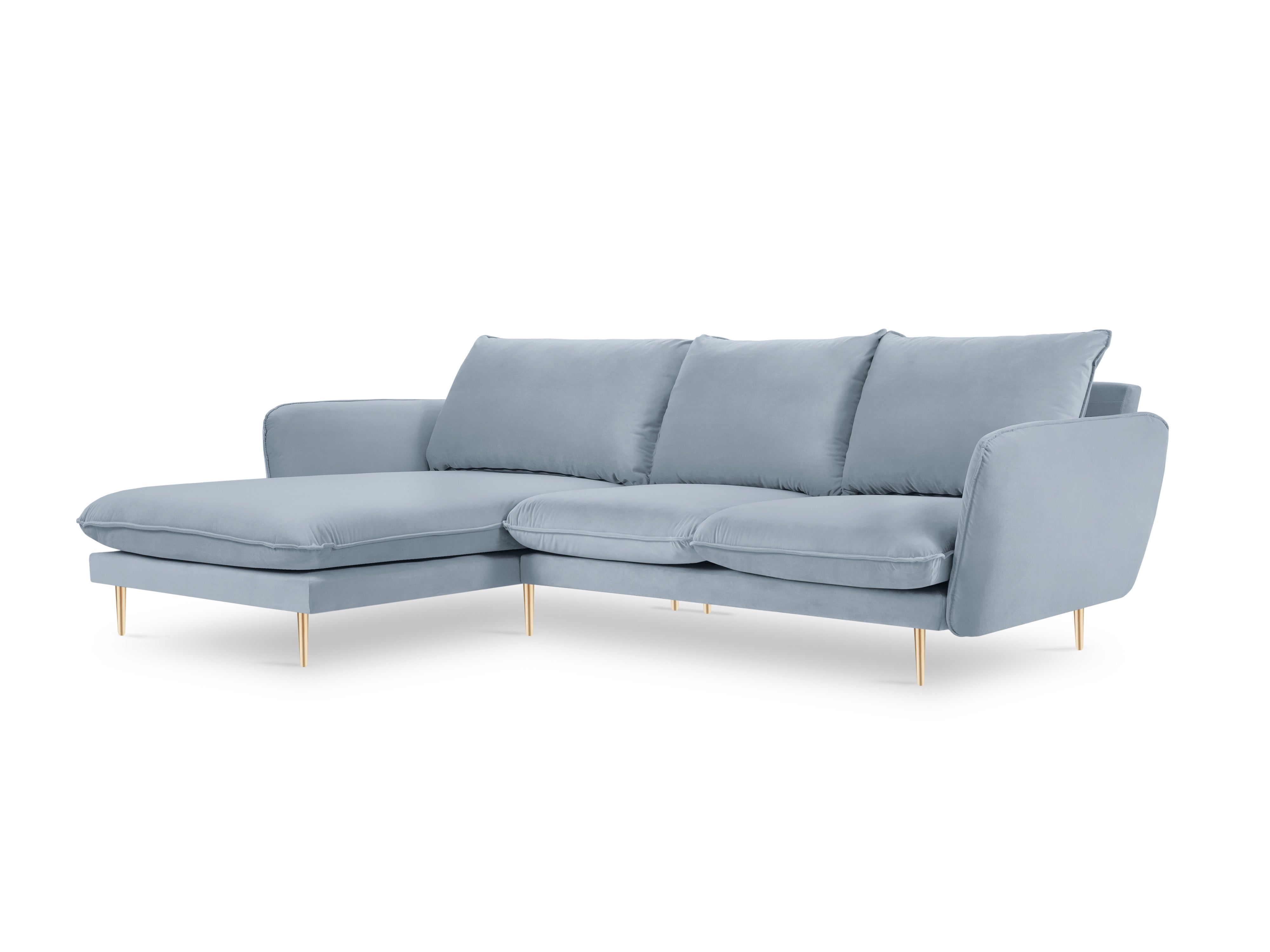 Left-facing velvet corner sofa for 5 people VIENNA in light blue with a gold base