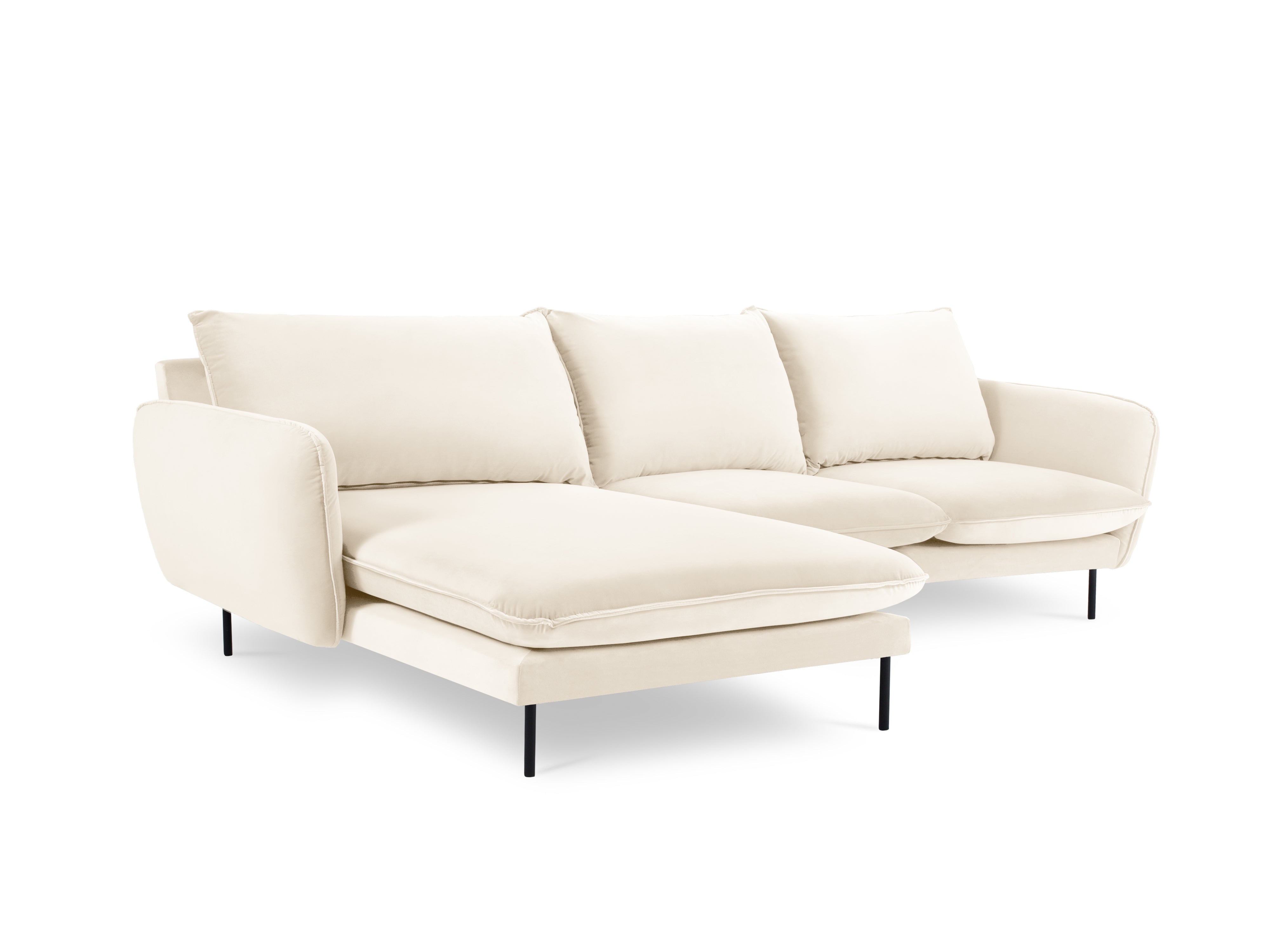 Left-facing velvet corner sofa for 5 people VIENNA in beige with a black base
