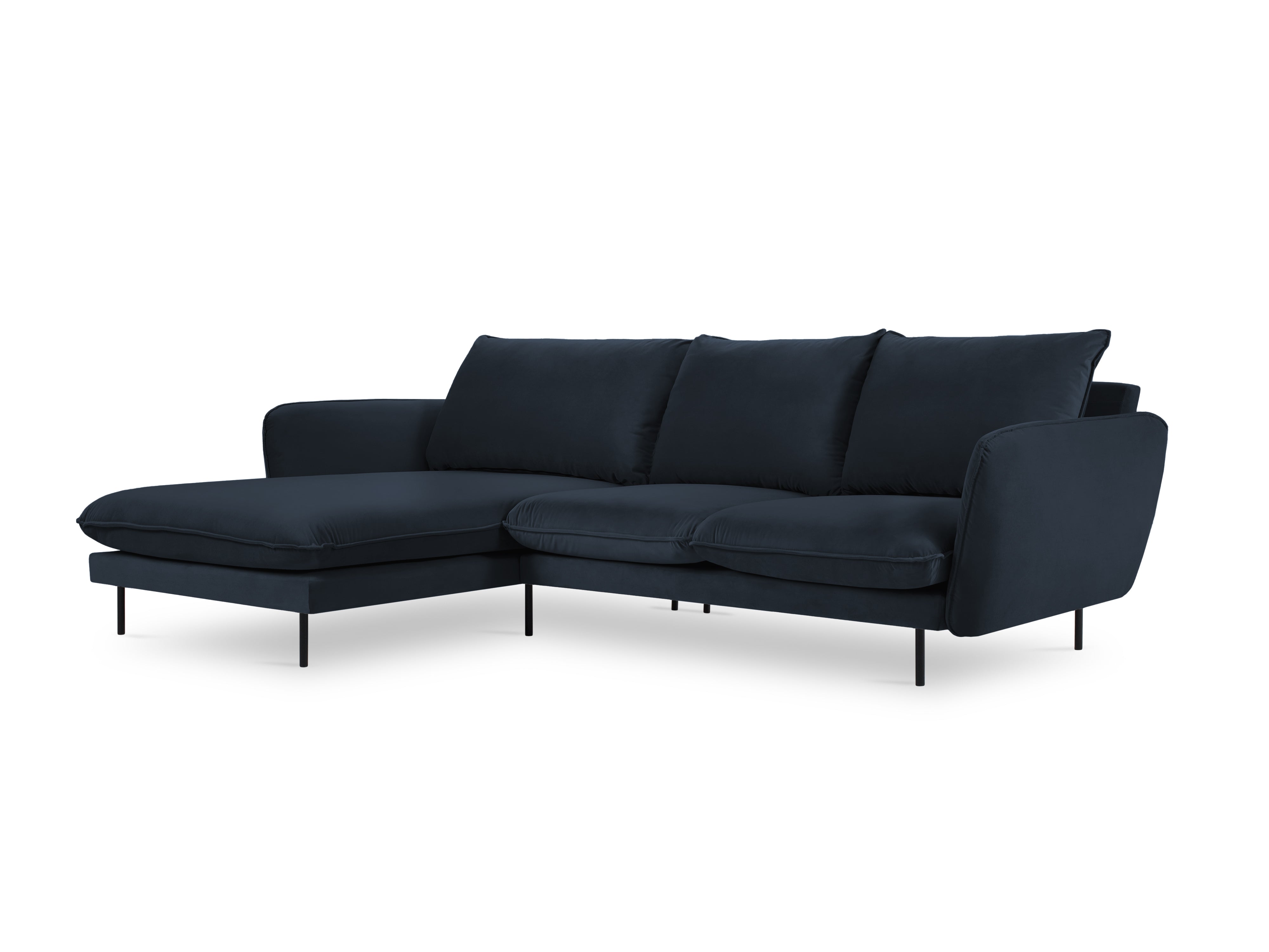 Left-facing velvet corner sofa for 5 people VIENNA in dark blue with a black base