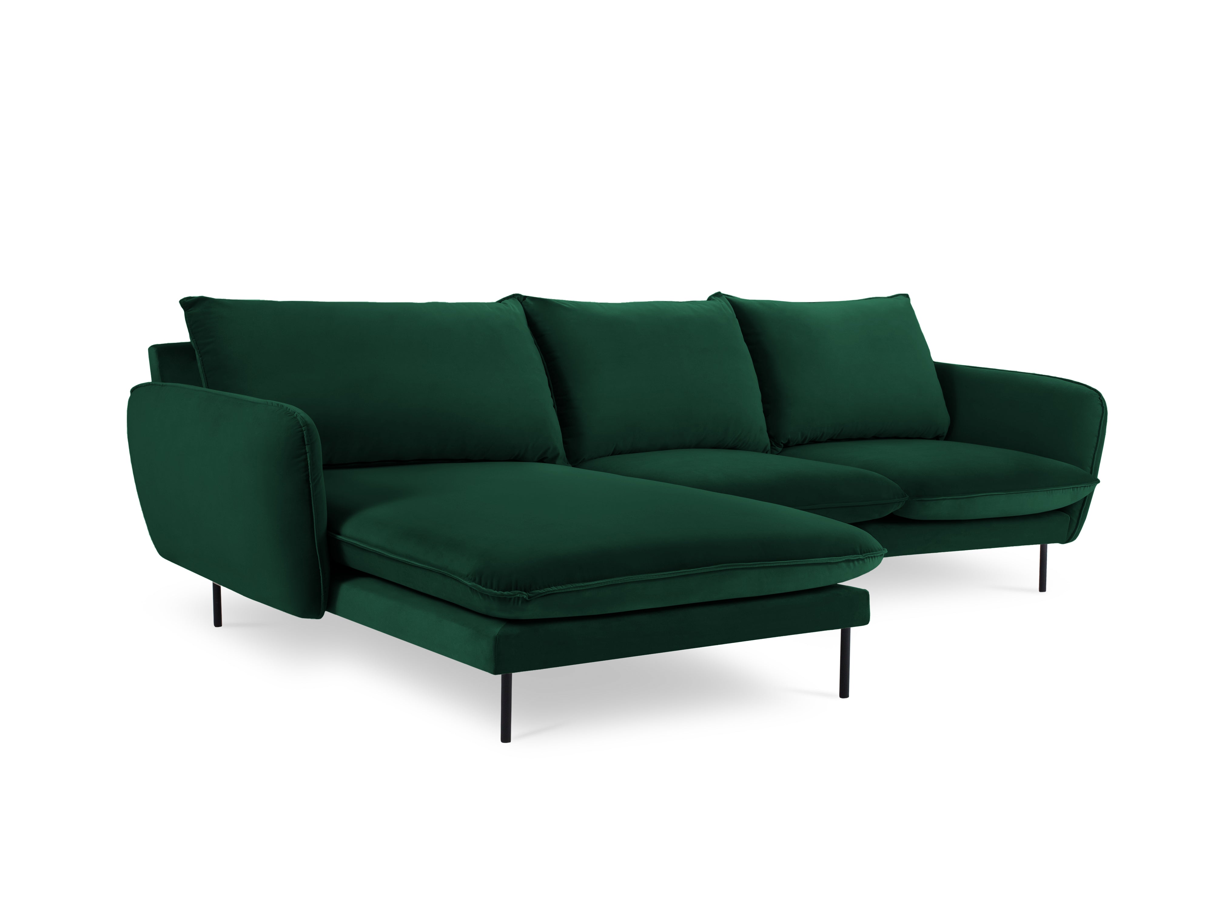 Left-facing velvet corner sofa for 5 people VIENNA in bottle green with a black base