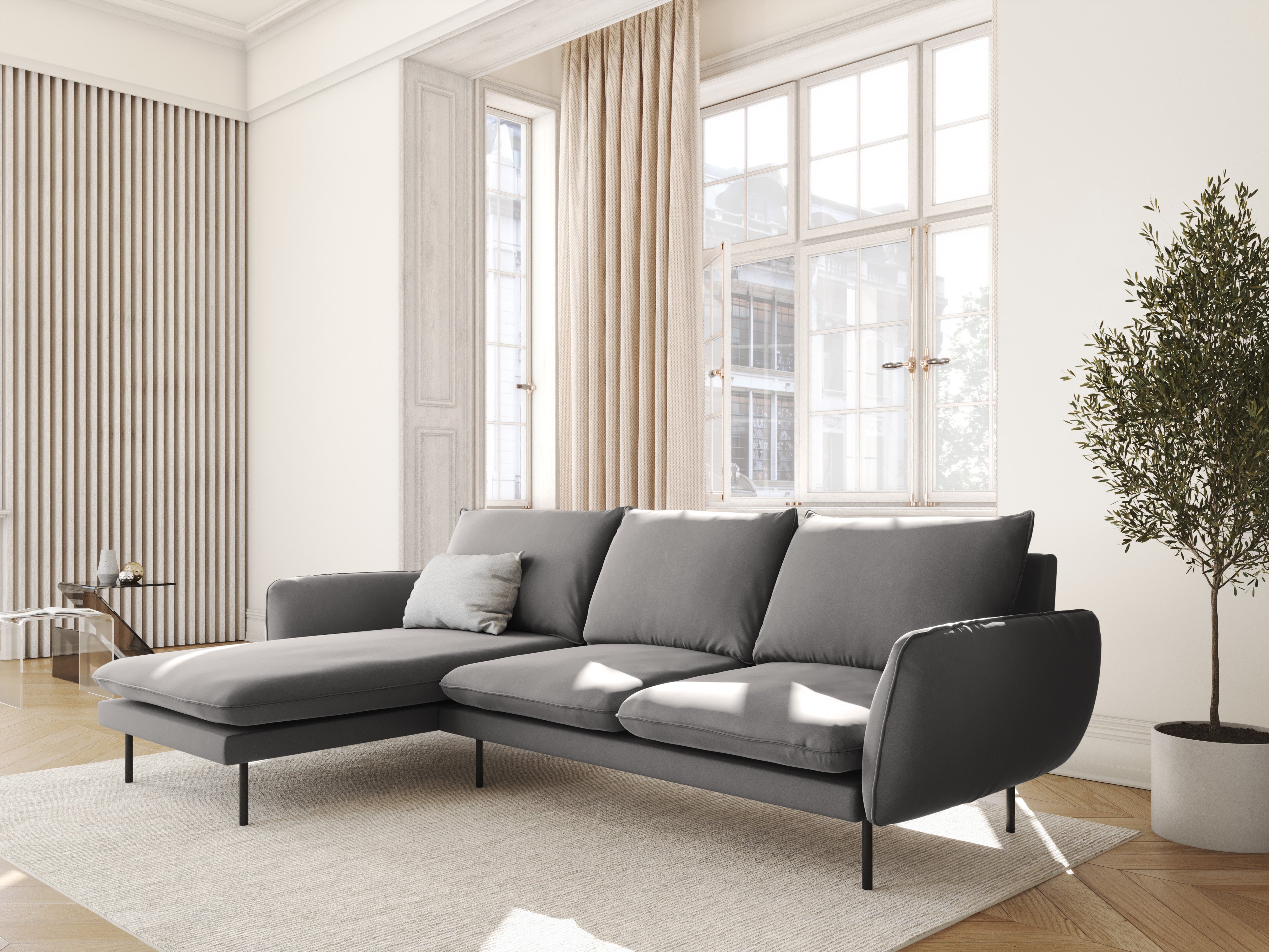 Left-facing velvet corner sofa for 5 people VIENNA in light gray with a black base
