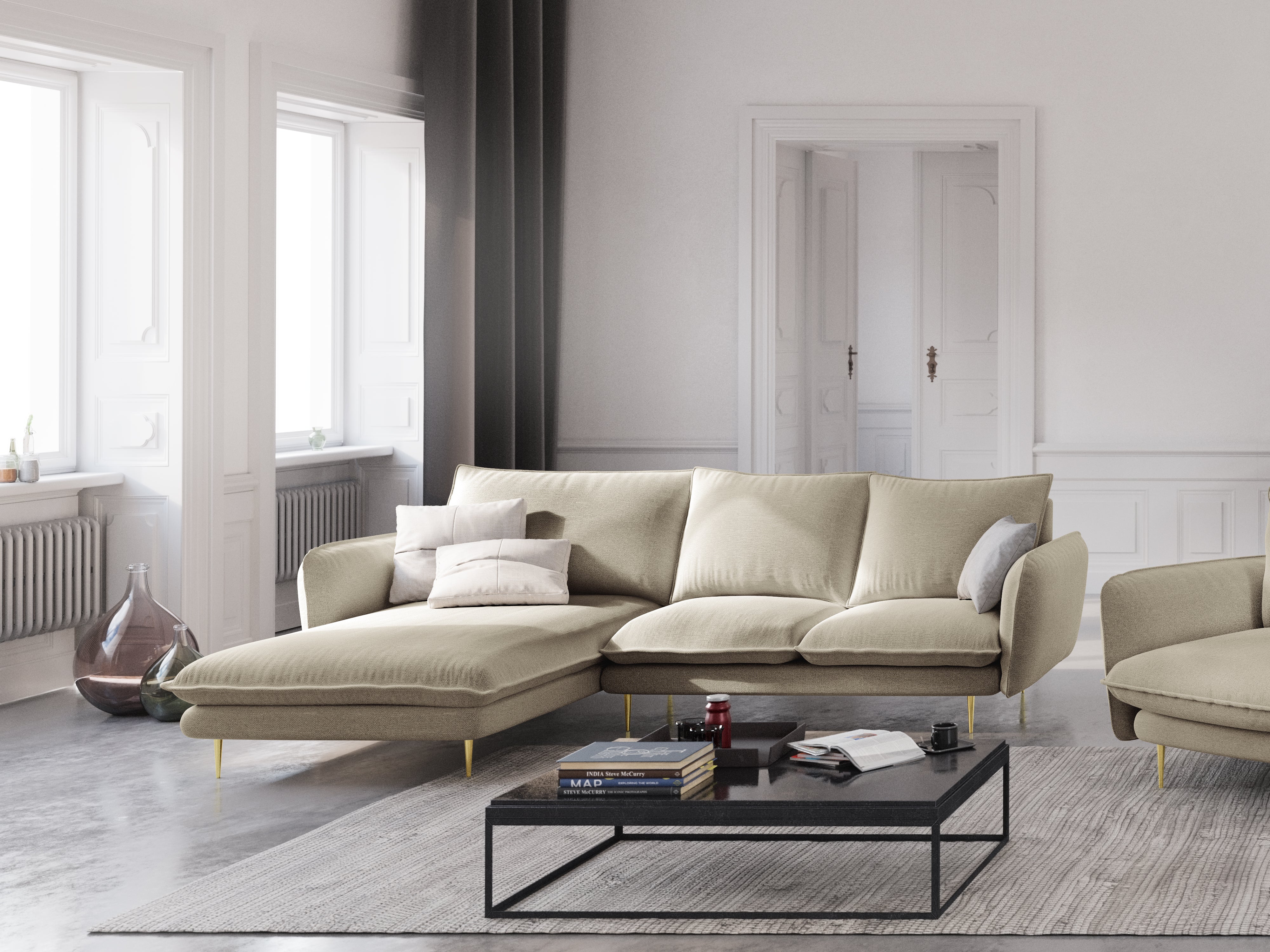 Left-facing 6-seater corner sofa VIENNA in beige chenille with a gold base