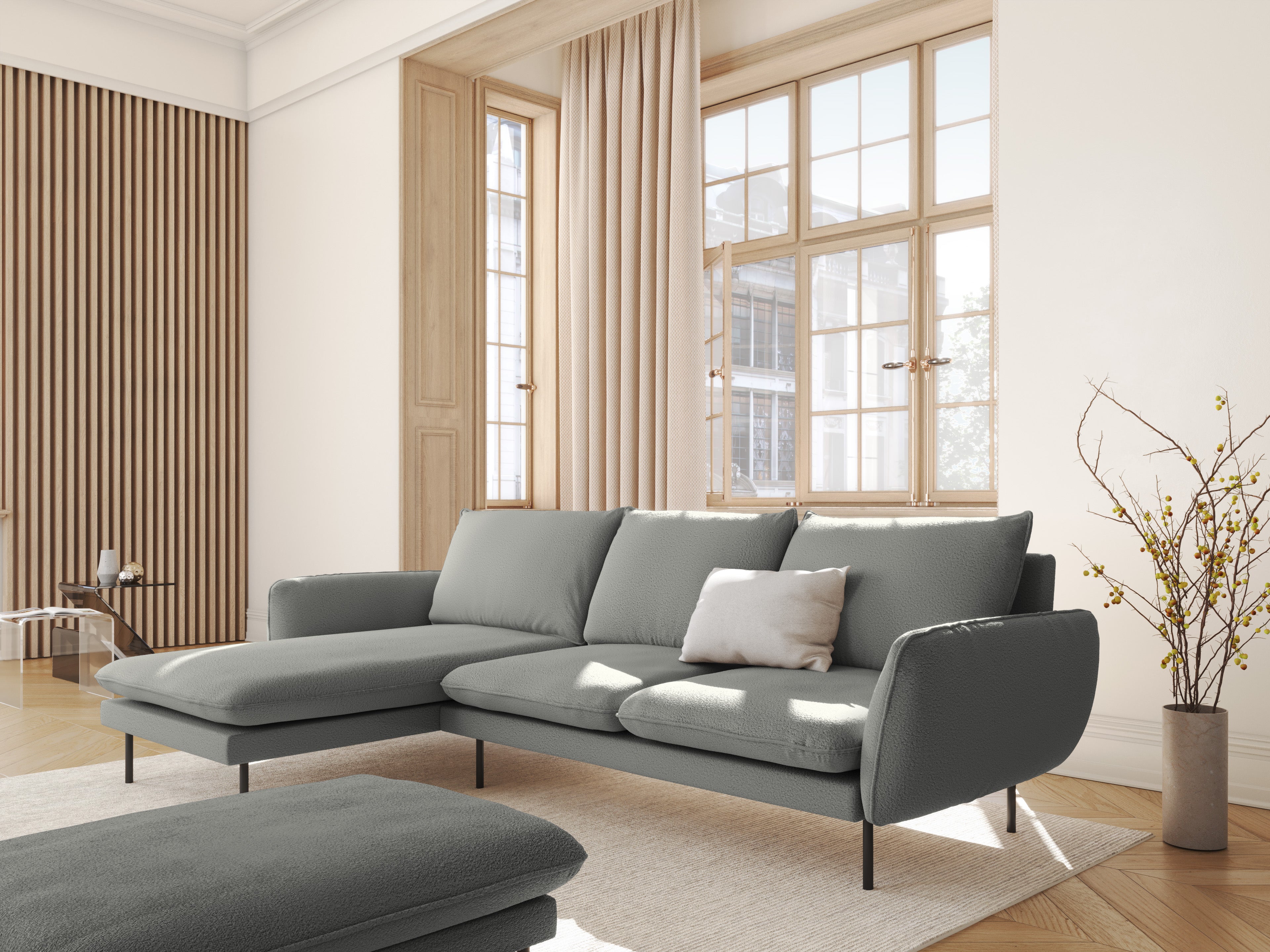 Left-facing 6-seater corner sofa VIENNA in gray boucle with a black base