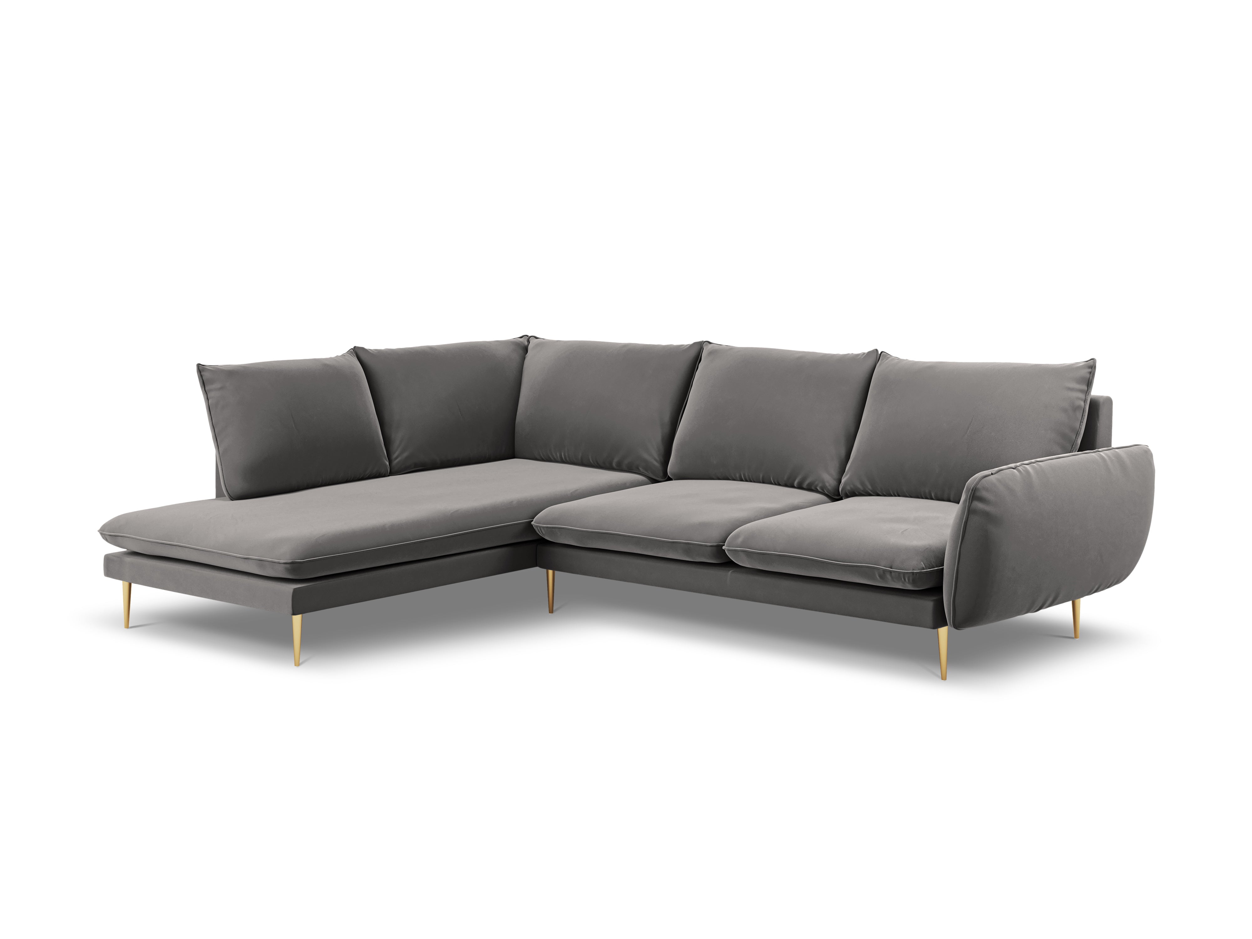 Left-facing velvet corner sofa for 5 people VIENNA in light gray with a gold base