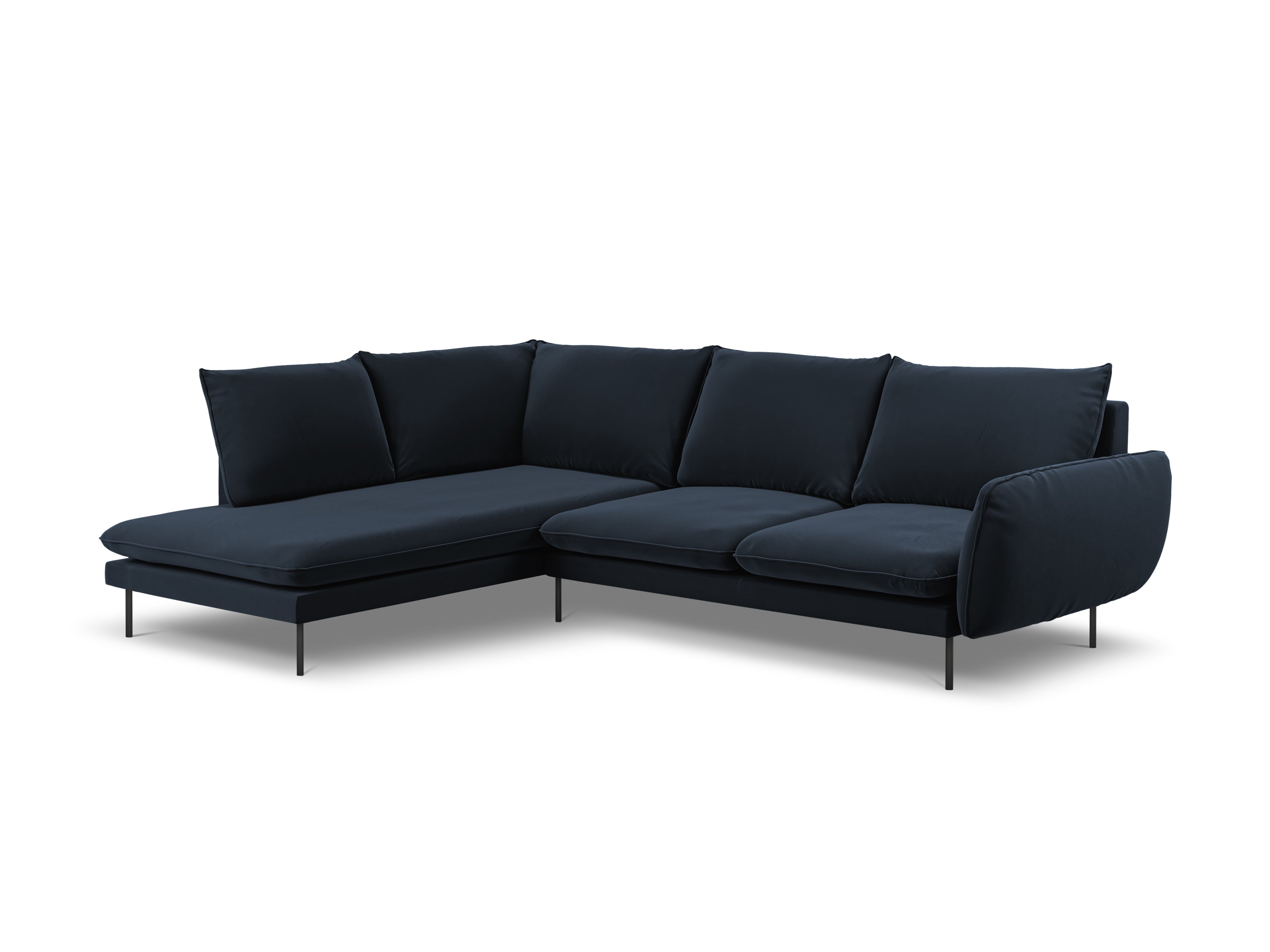 Left-facing velvet corner sofa for 5 people VIENNA in dark blue with a black base