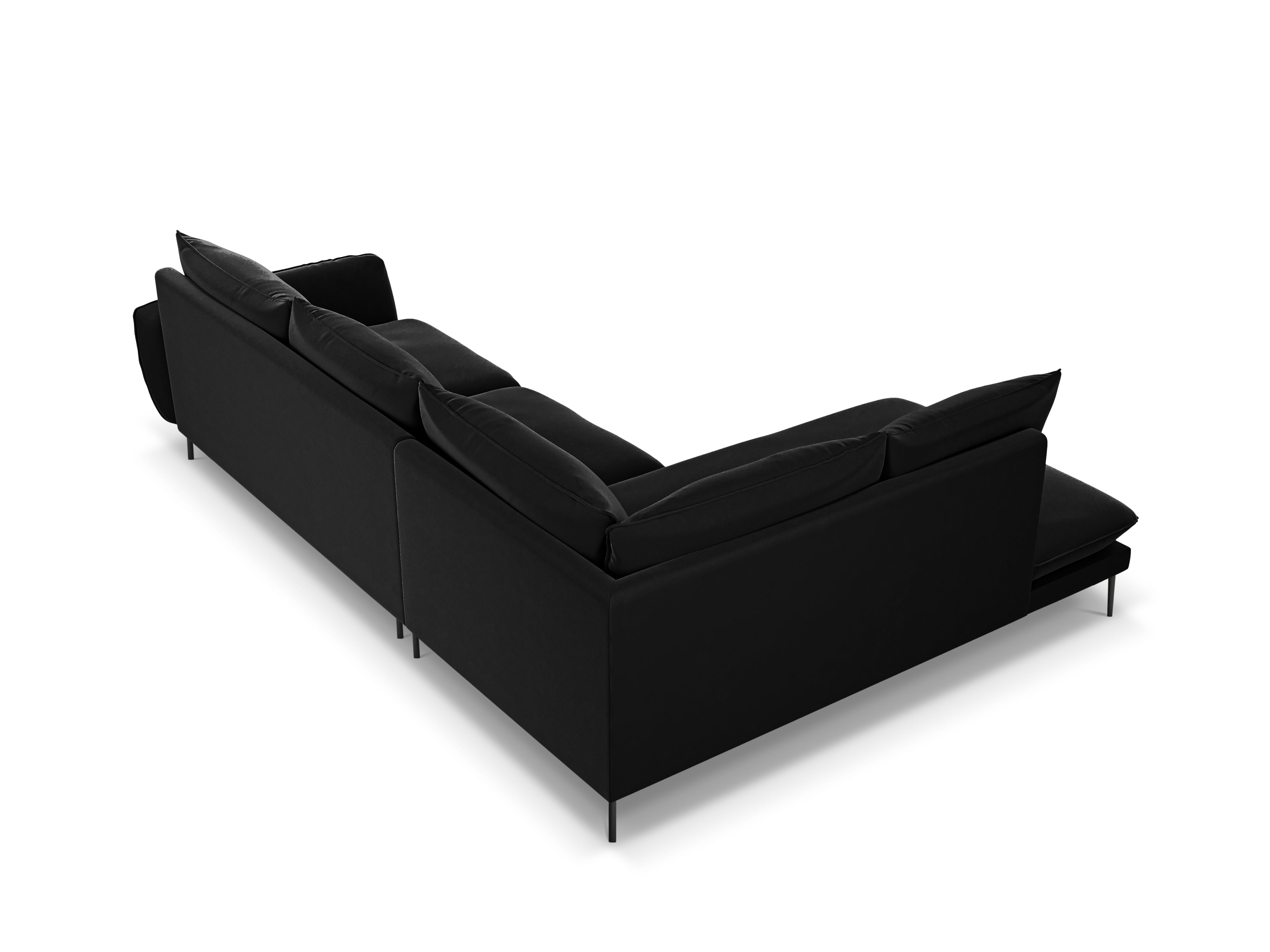 Left-facing velvet corner sofa for 5 people VIENNA in black with a black base