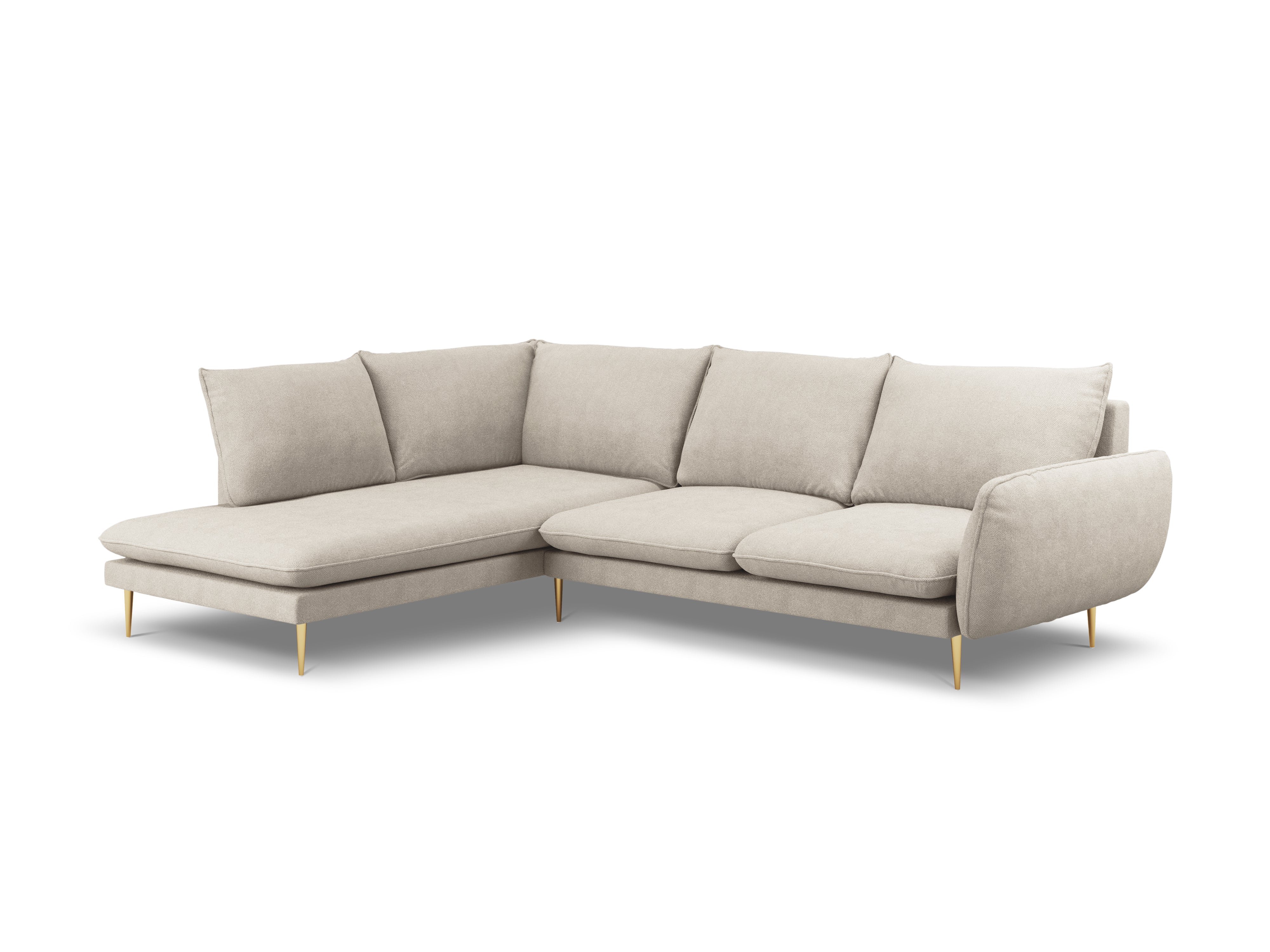 Left-facing 6-seater corner sofa VIENNA in light beige chenille with a gold base