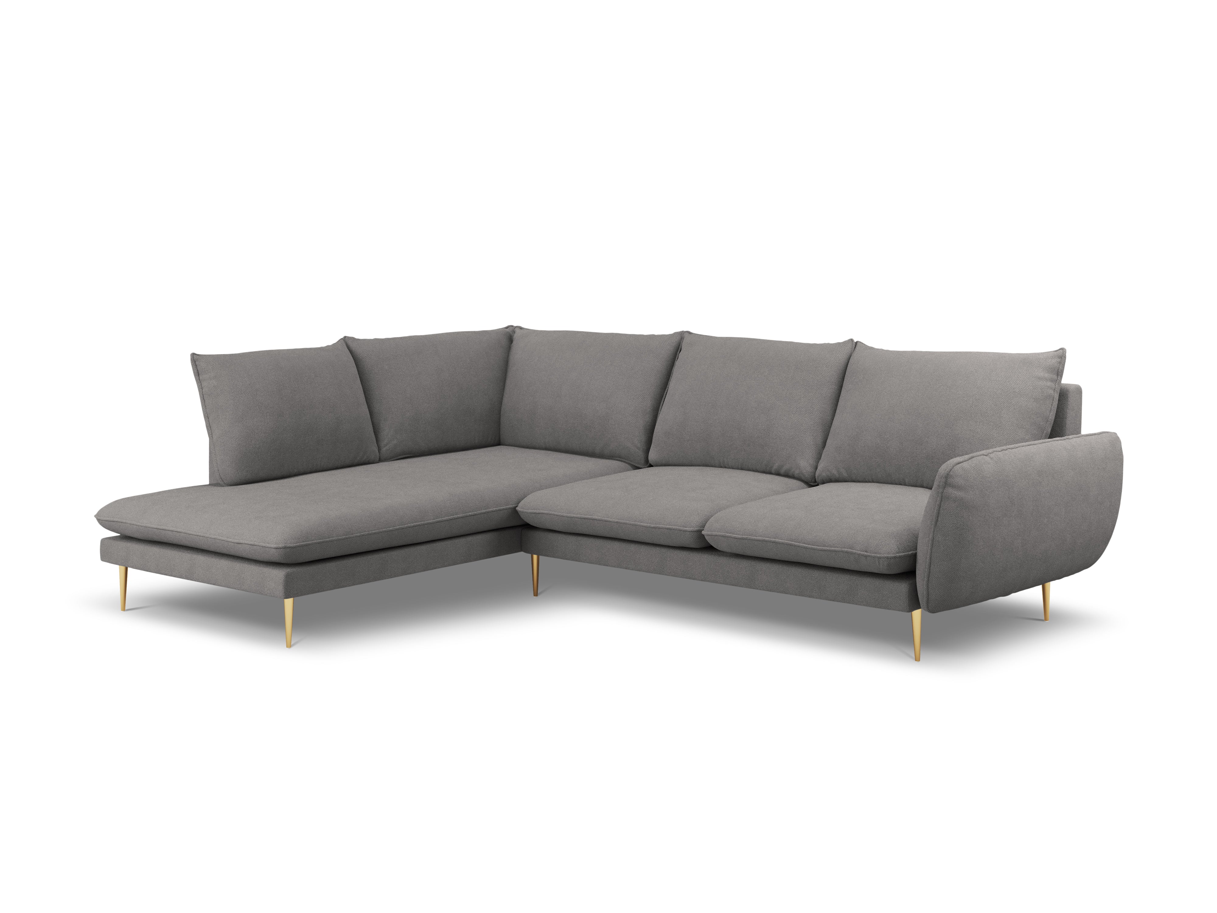 Left-facing 6-seater corner sofa VIENNA in gray chenille with a gold base