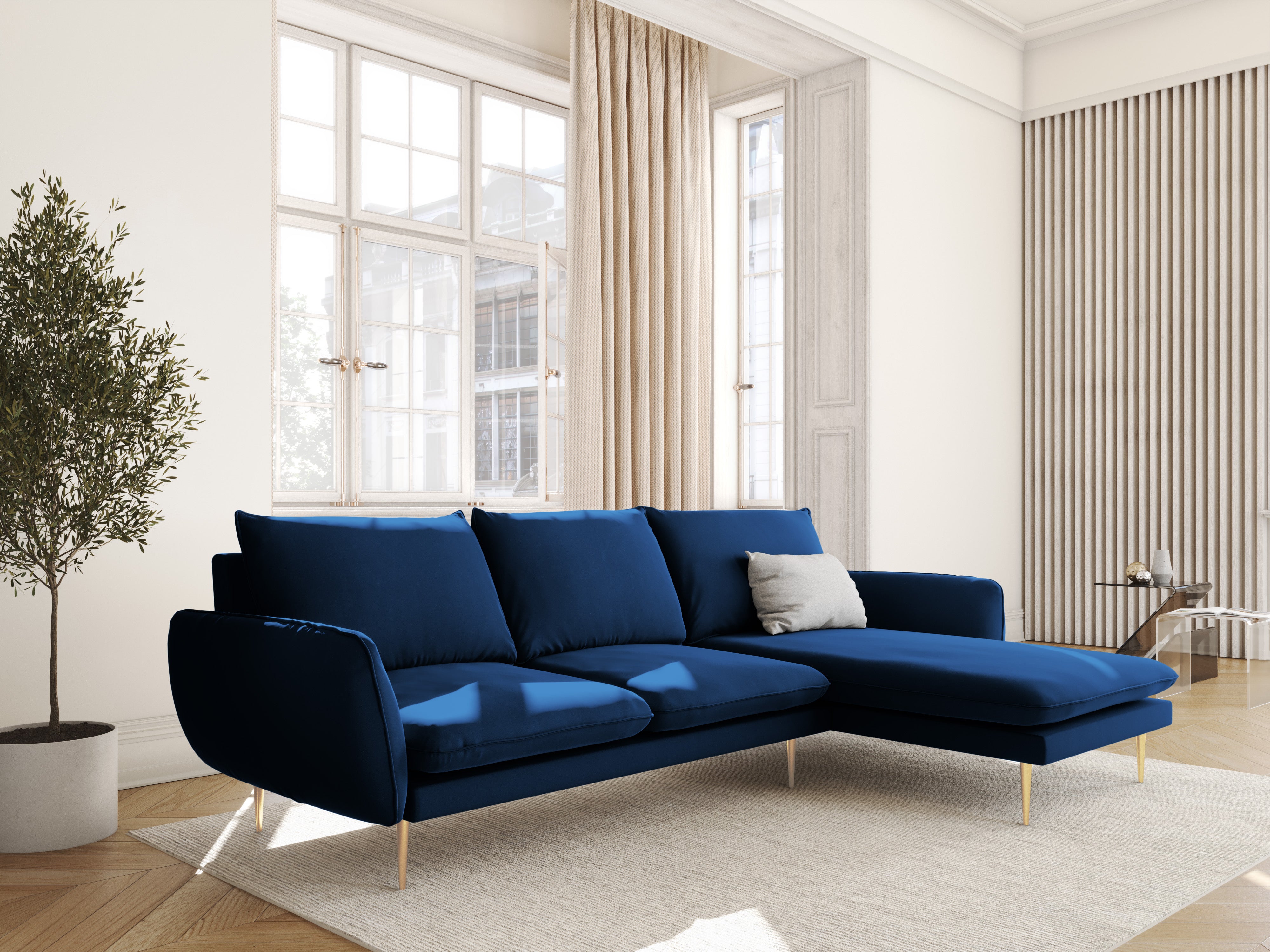 Right-facing velvet corner sofa for 5 people VIENNA in royal blue with a gold base