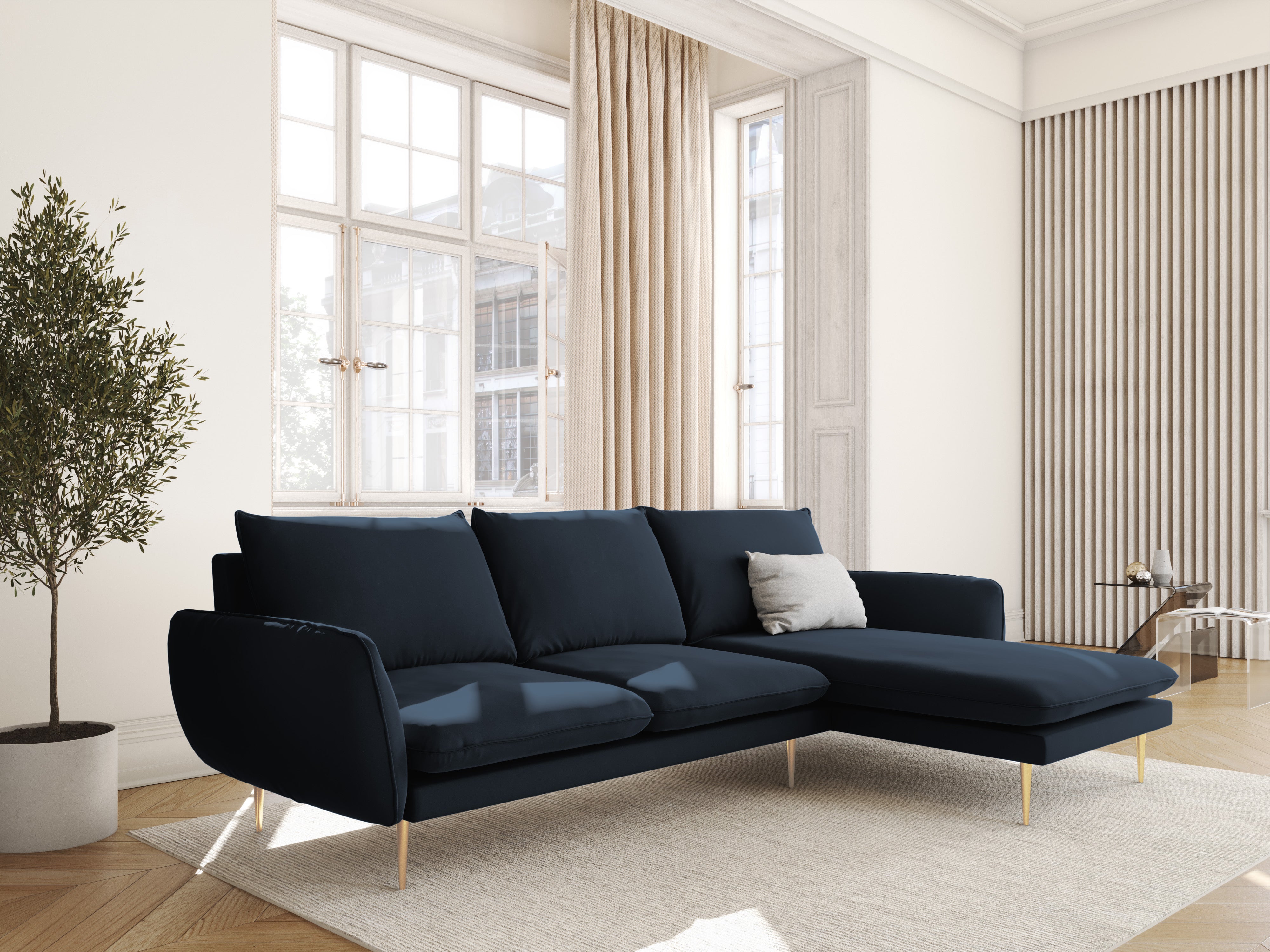 Velvet corner sofa, right-facing, 5-seater VIENNA in dark blue with a gold base