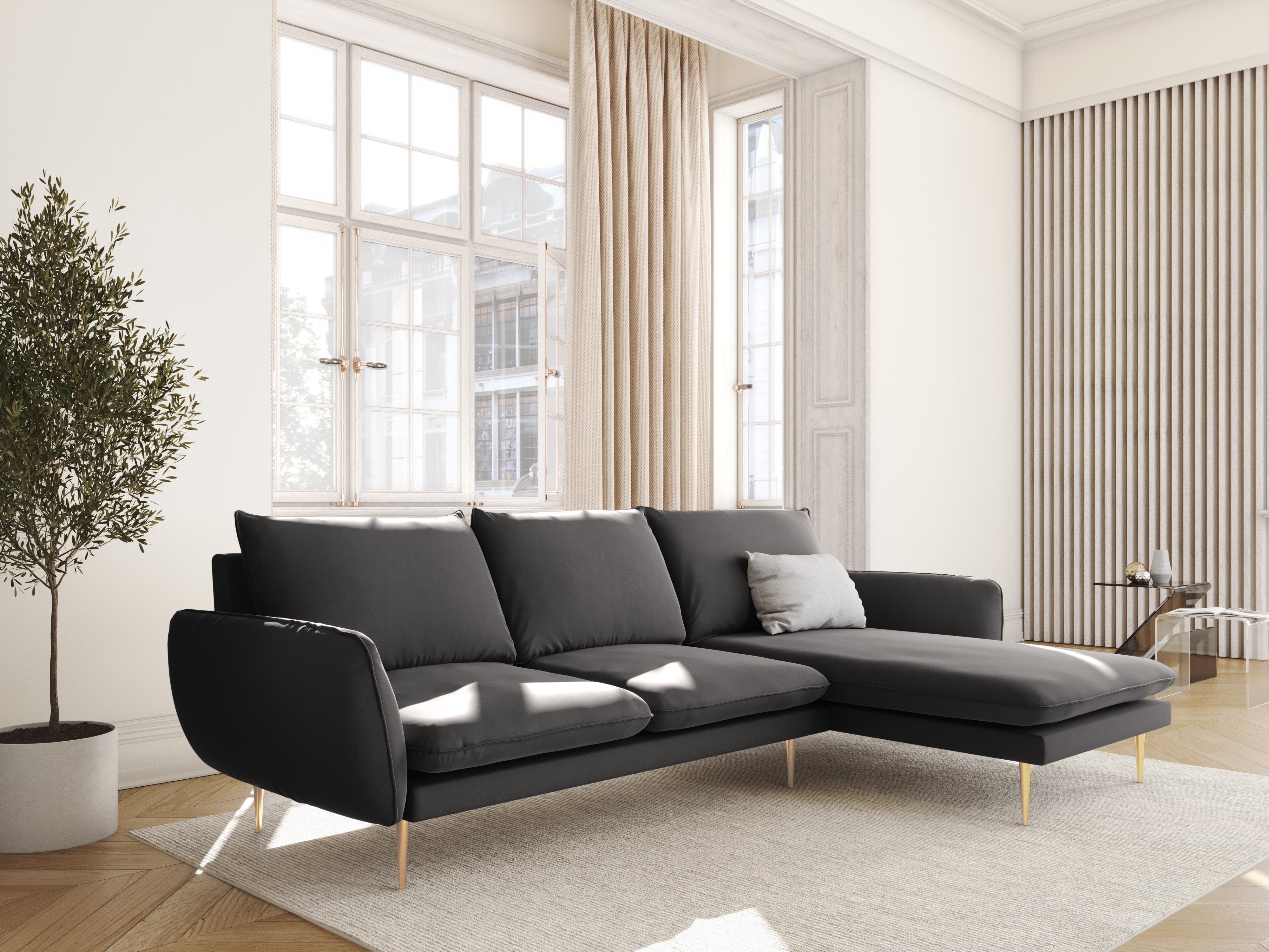 Velvet Corner Sofa Right-Hand 5-Seater VIENNA Dark Gray with Gold Base