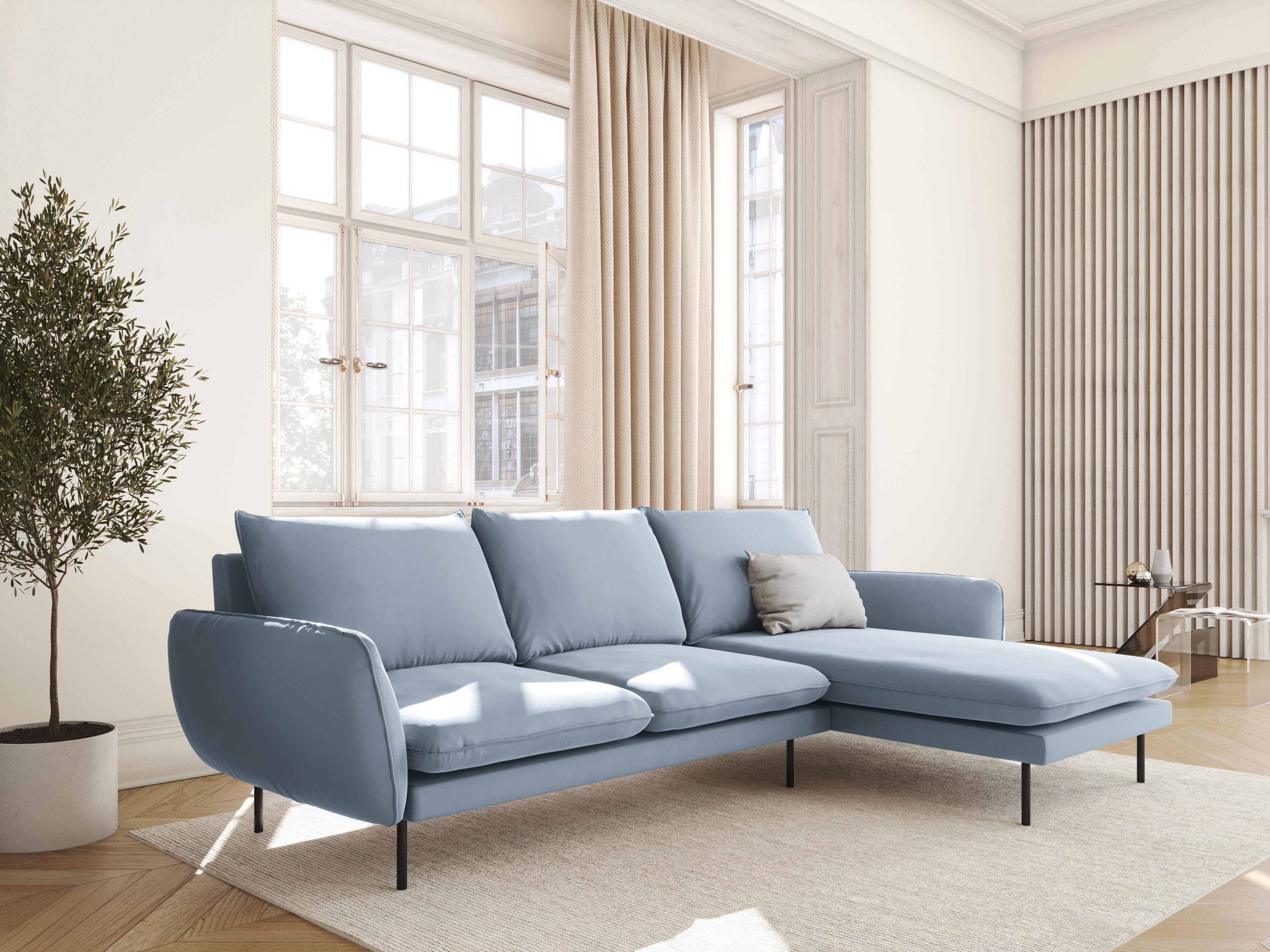 Velvet corner sofa right-facing for 5 people VIENNA light blue with black base