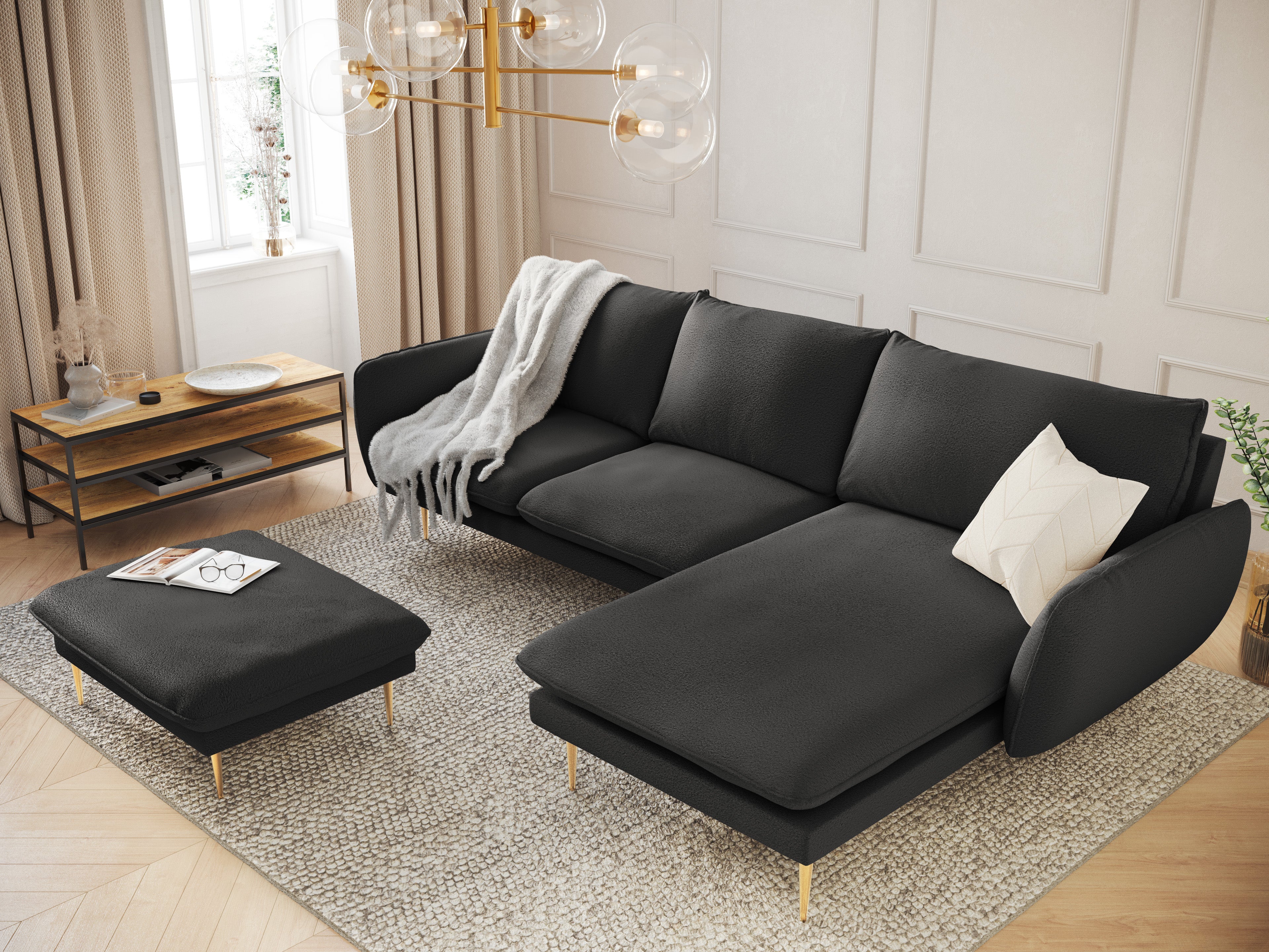 6-Person Right-Hand Corner Sofa VIENNA Black Boucle with Gold Base