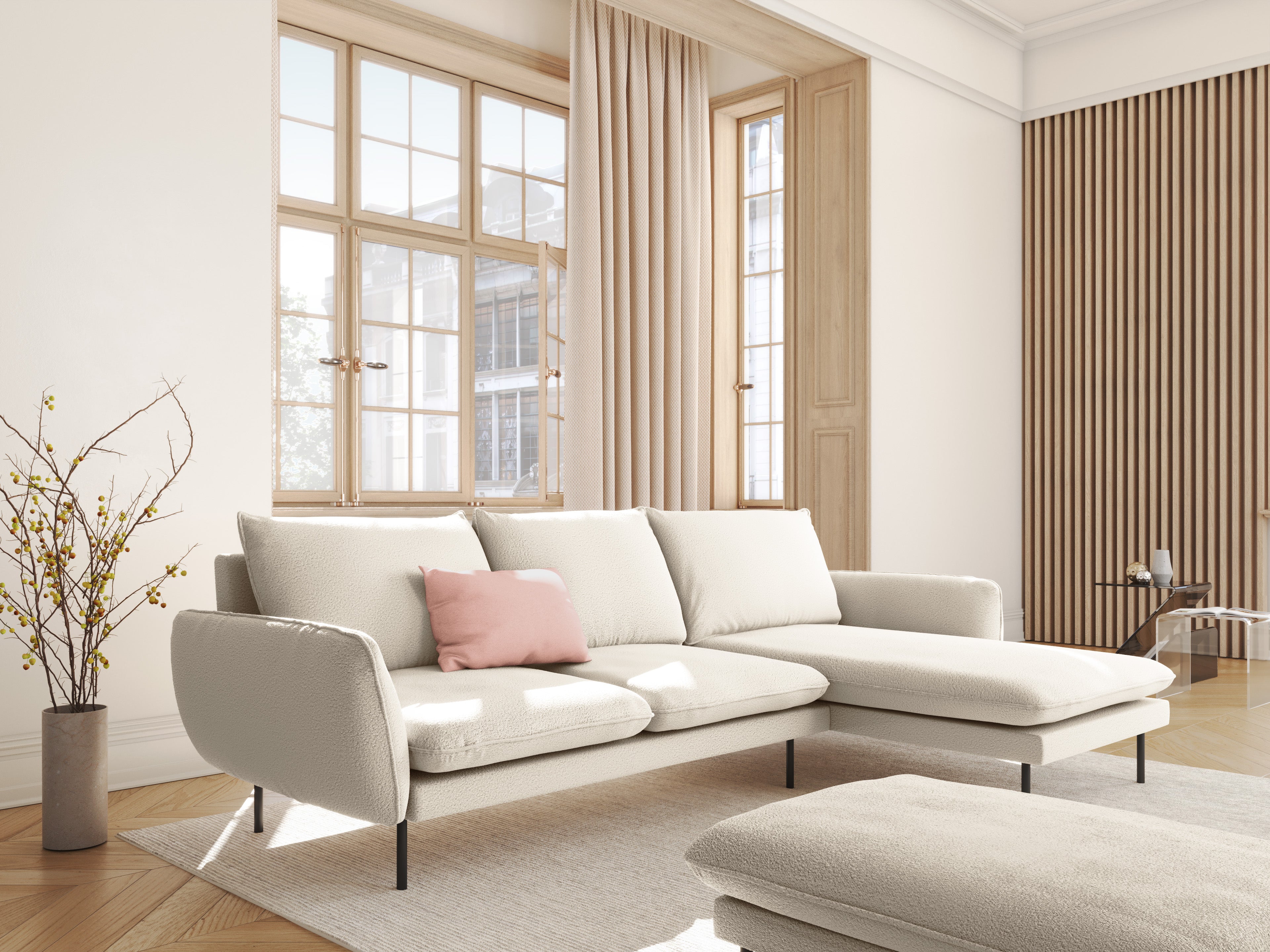 Right-facing 6-seater corner sofa VIENNA in beige boucle with a black base