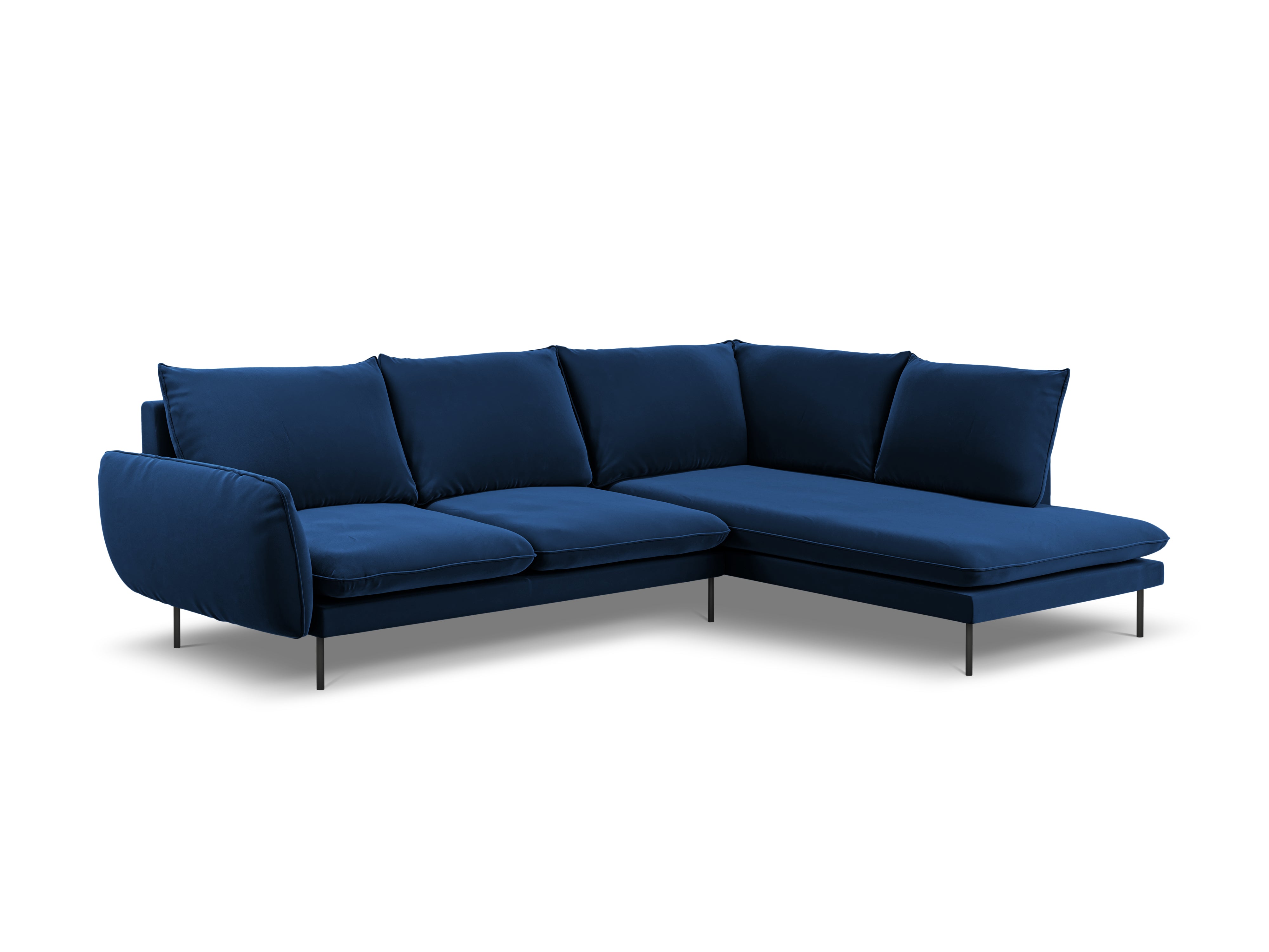 Right-facing velvet corner sofa for 5 people VIENNA in royal blue with a black base