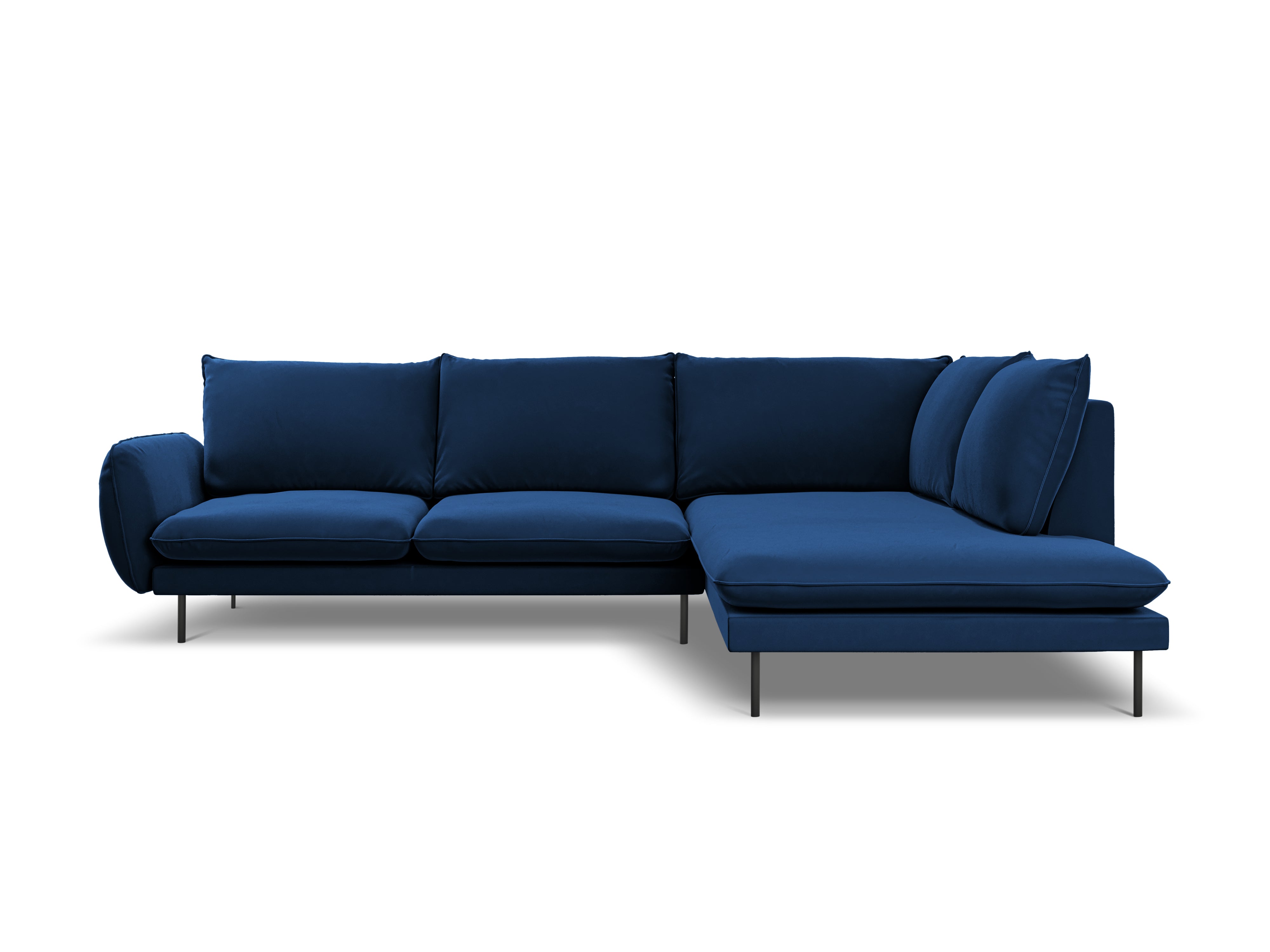 Right-facing velvet corner sofa for 5 people VIENNA in royal blue with a black base