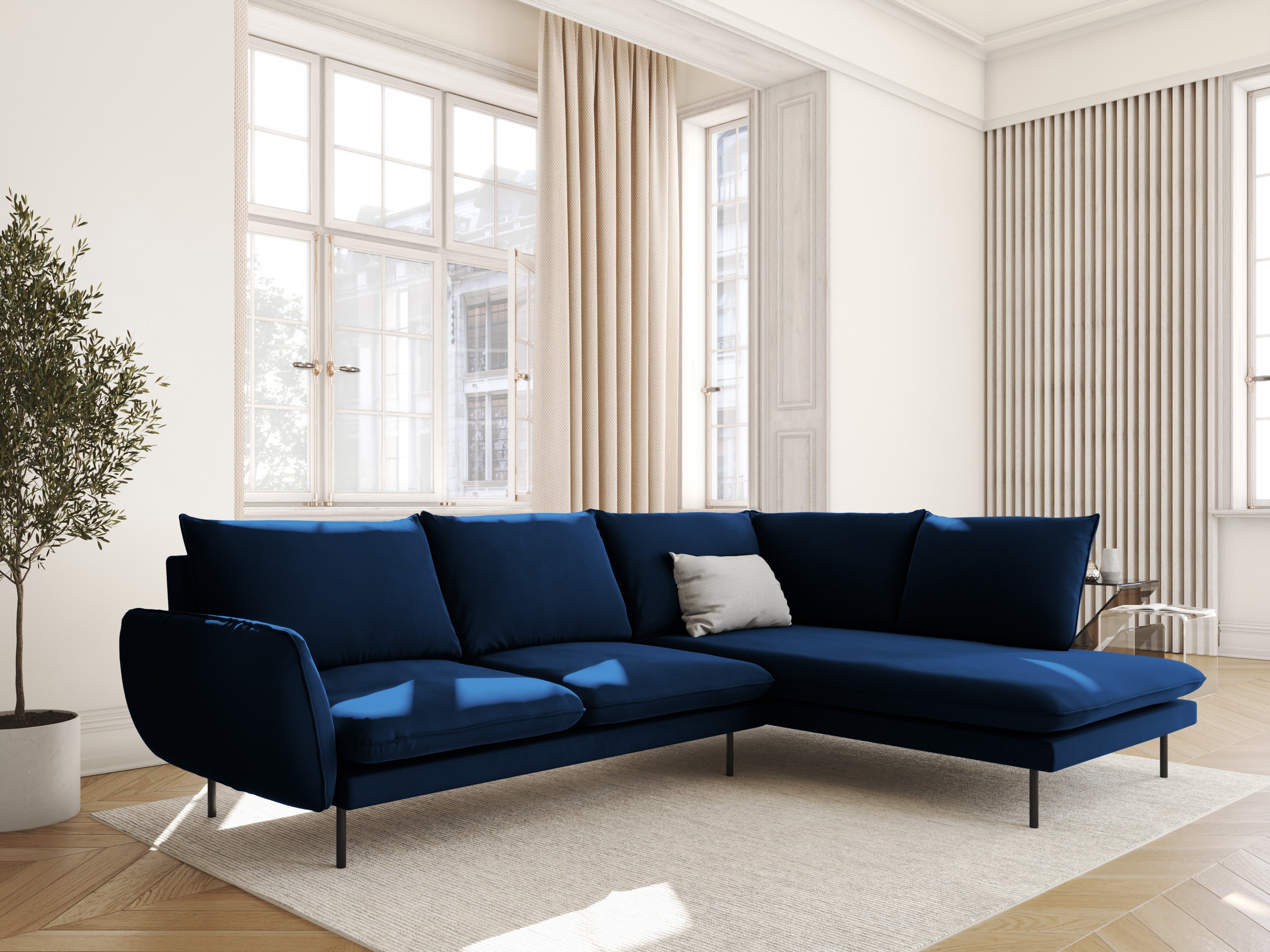 VIENNA Royal Blue Velvet 6-Seater Panoramic Sofa with Black Base