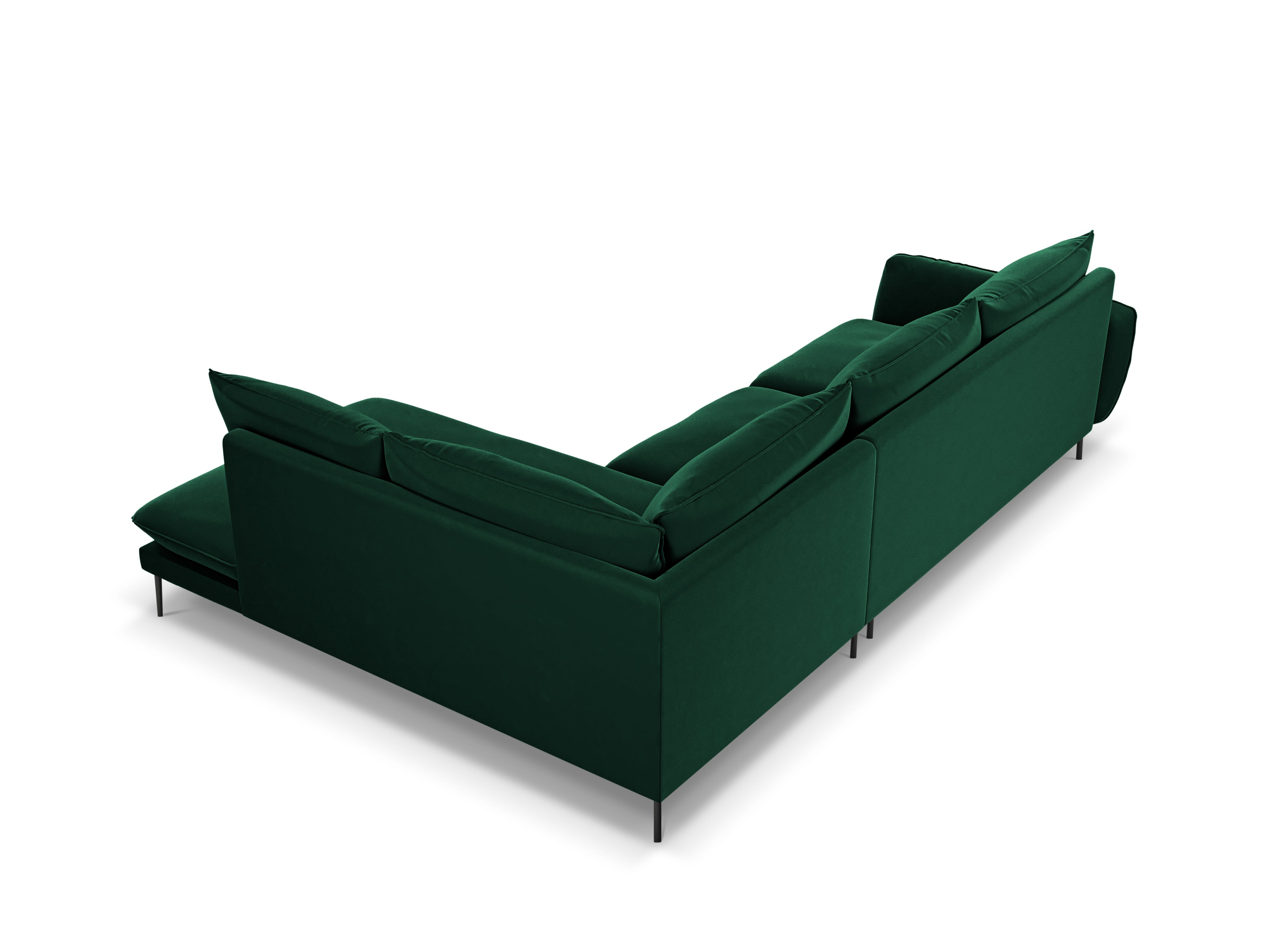 Velvet corner sofa, right-facing, 5-seater VIENNA in bottle green with a black base