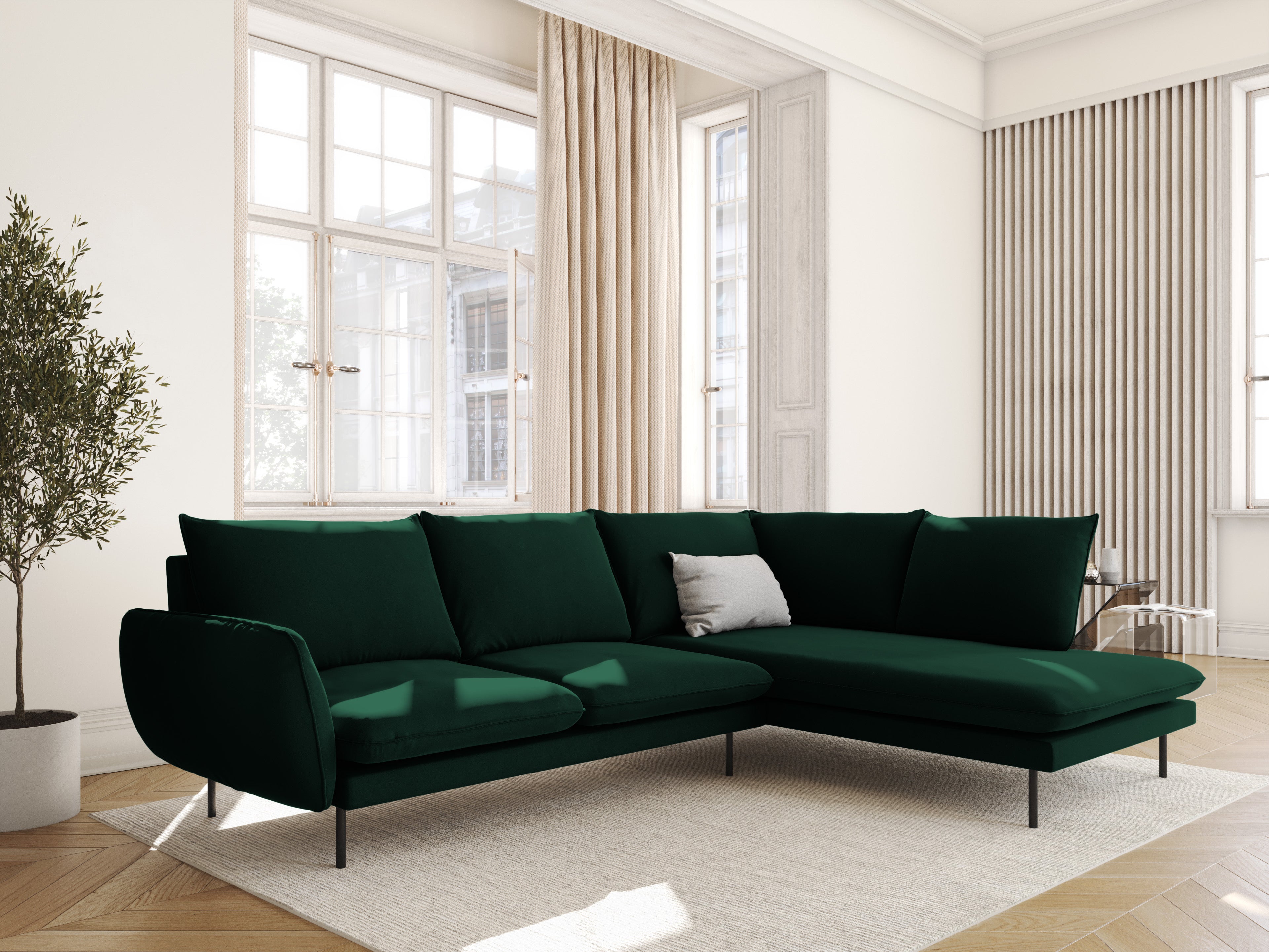 Velvet corner sofa, right-facing, 5-seater VIENNA in bottle green with a black base