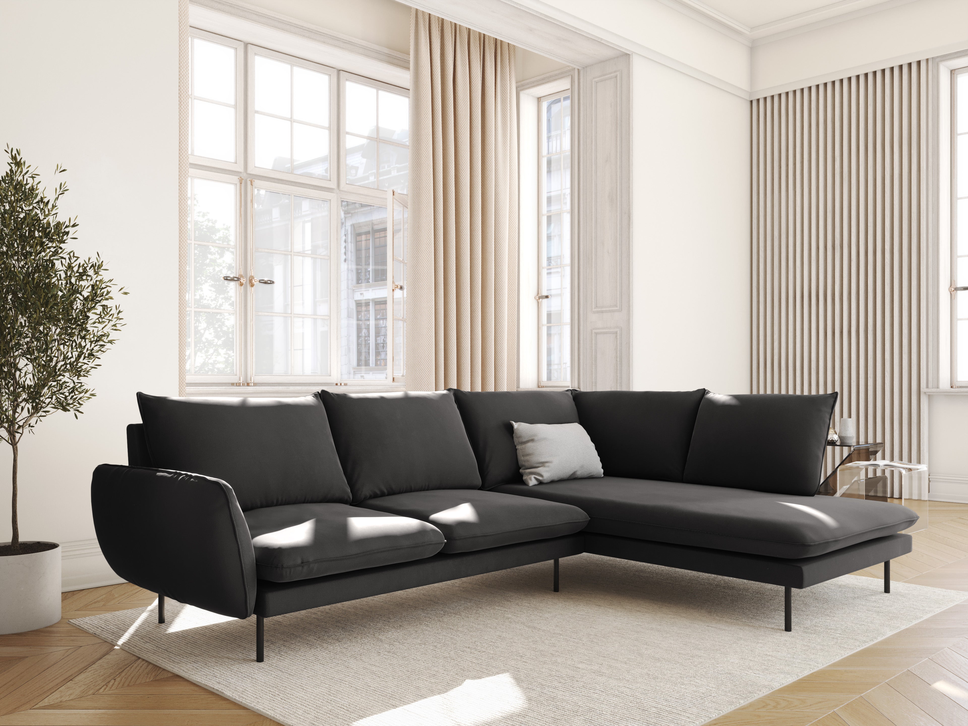 Velvet Corner Sofa Right-Handed for 5 People VIENNA Dark Gray with Black Base