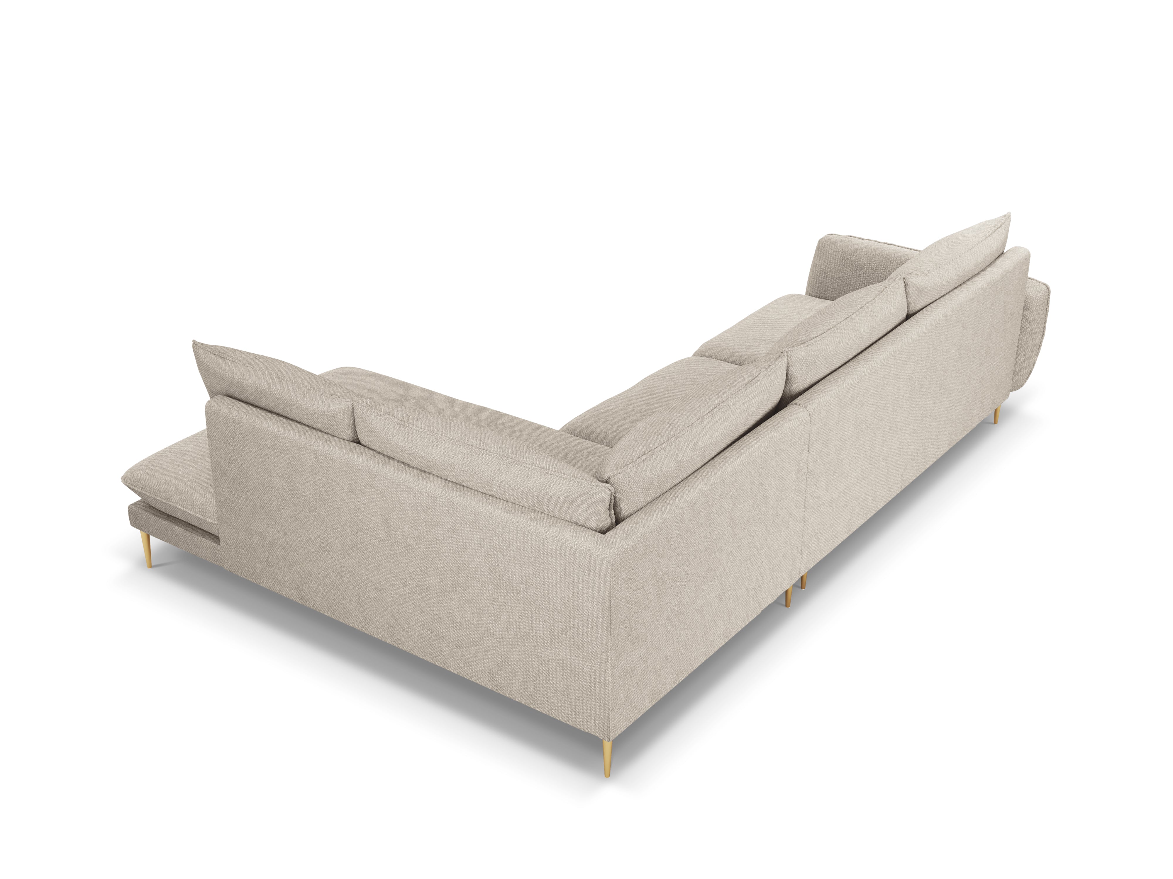Right-facing 6-seater corner sofa VIENNA in light beige chenille with a gold base
