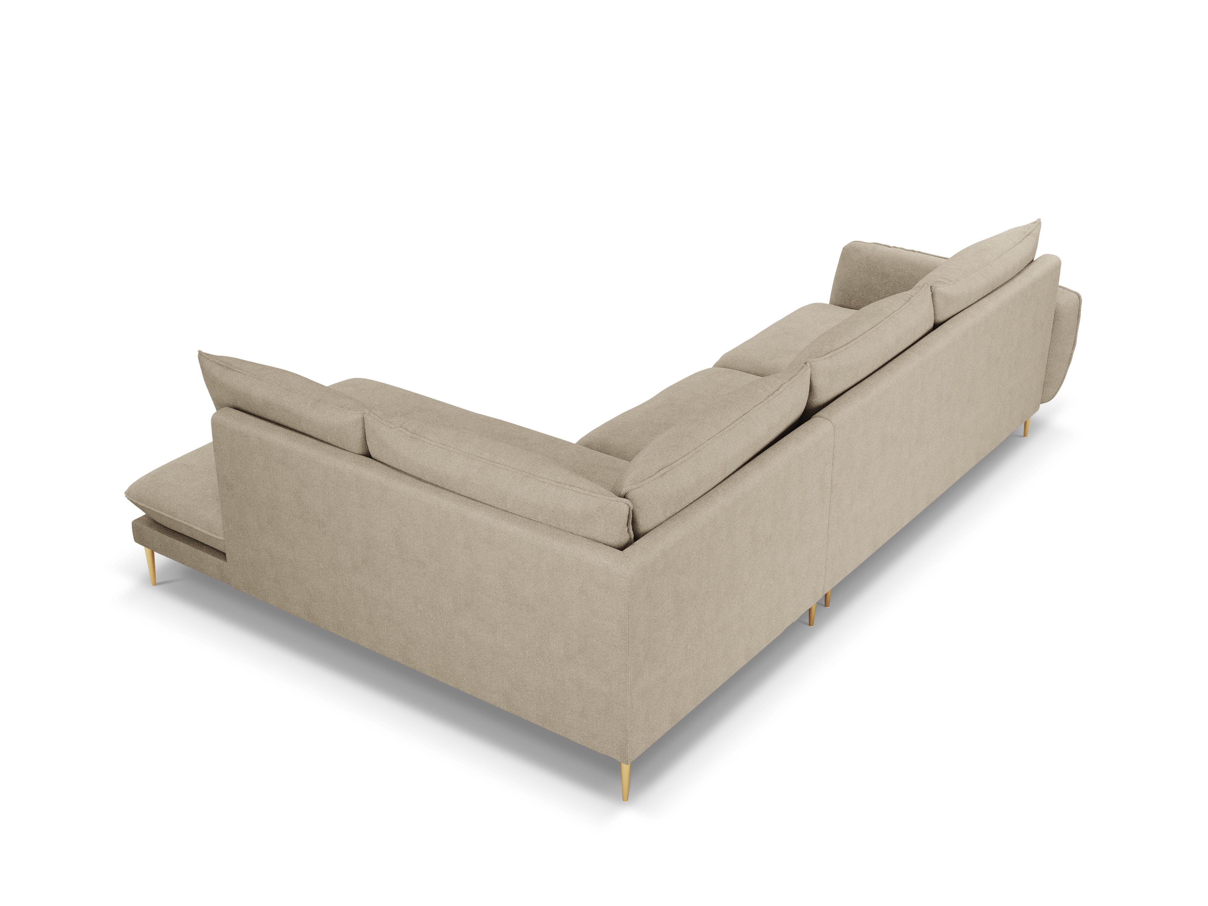 Right-facing 6-seater corner sofa VIENNA beige chenille with gold base