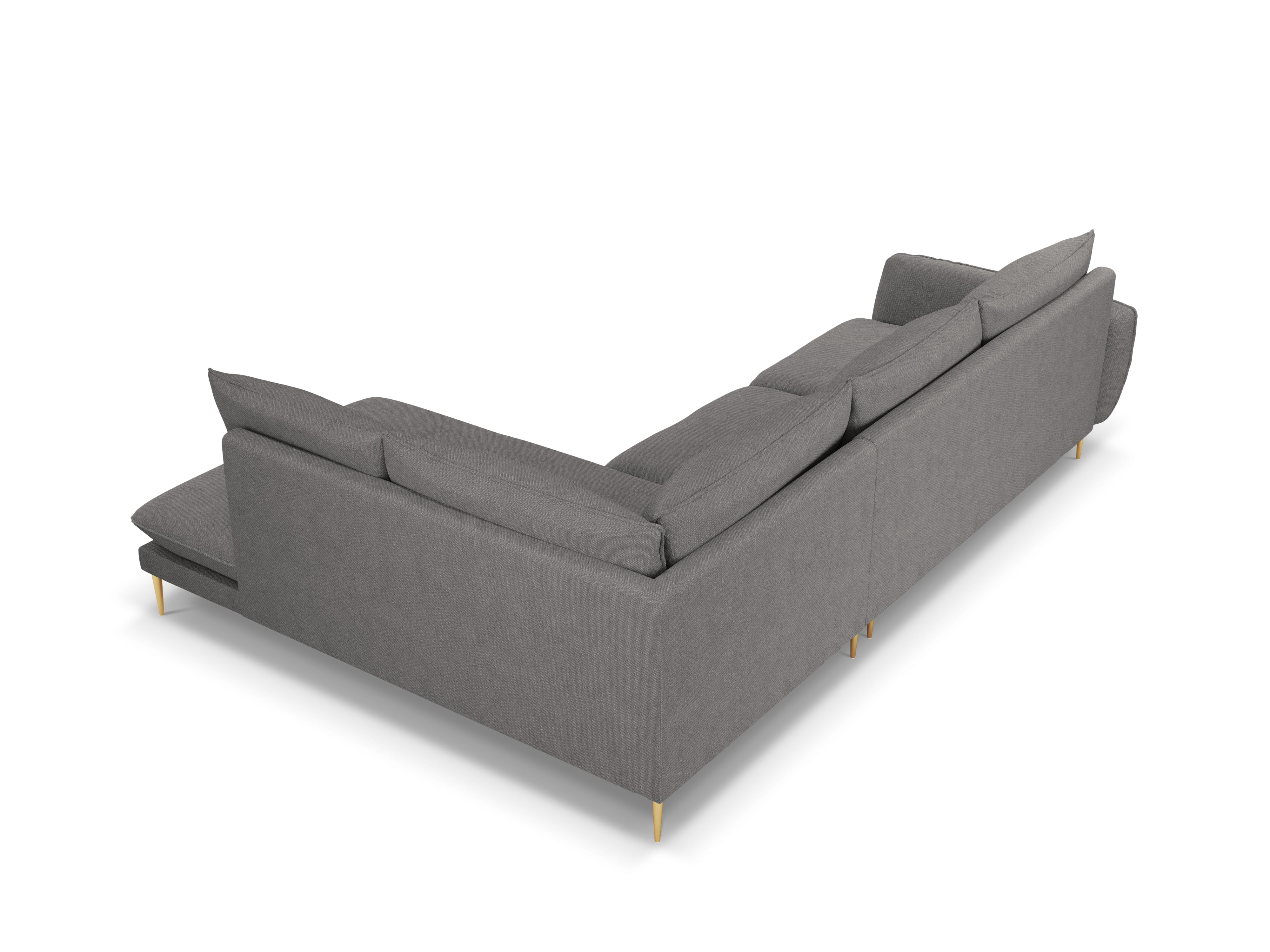 Right-facing 6-seater corner sofa VIENNA in gray chenille with a gold base
