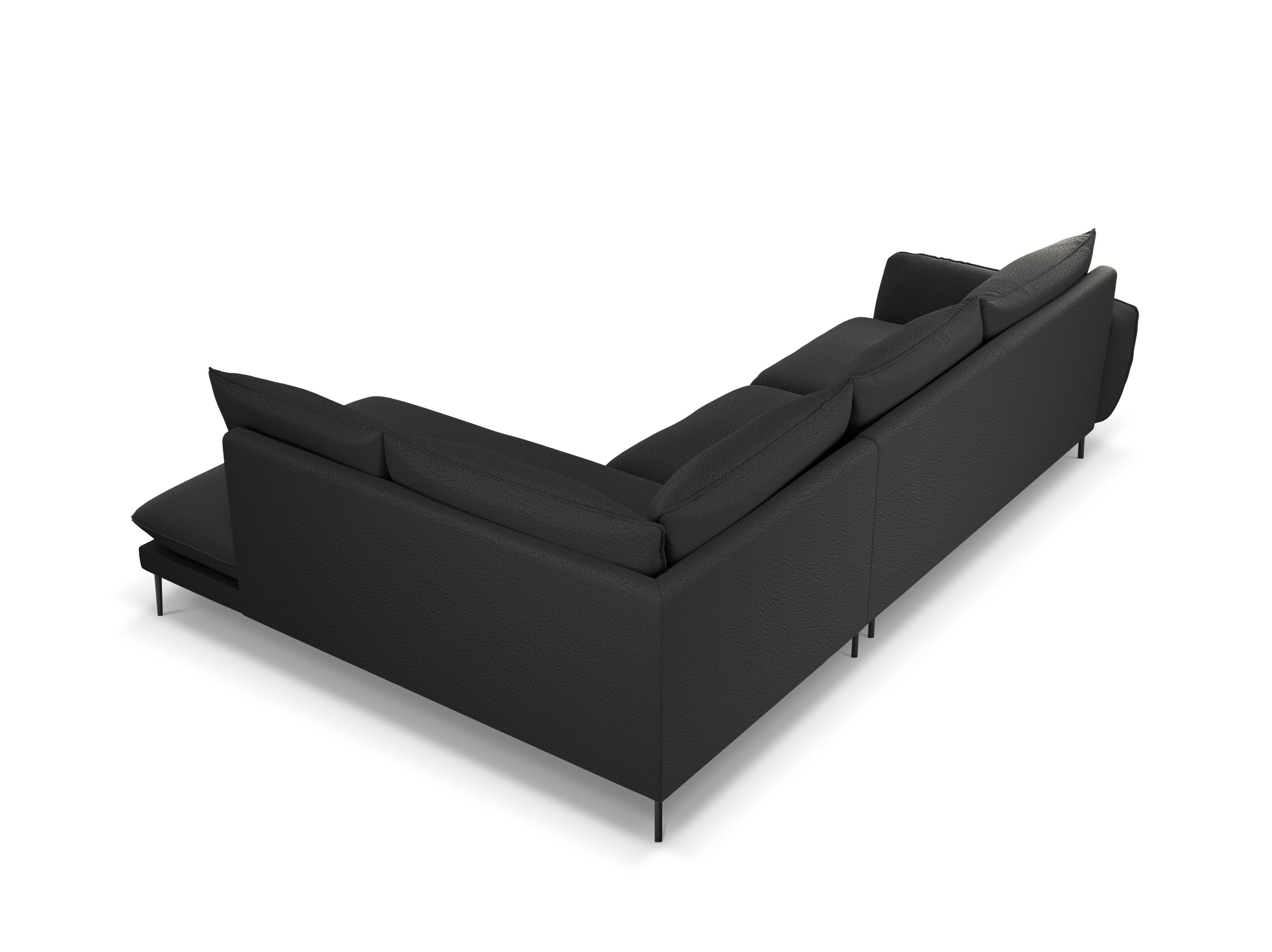 Right-facing 6-seater corner sofa VIENNA in black boucle with a black base