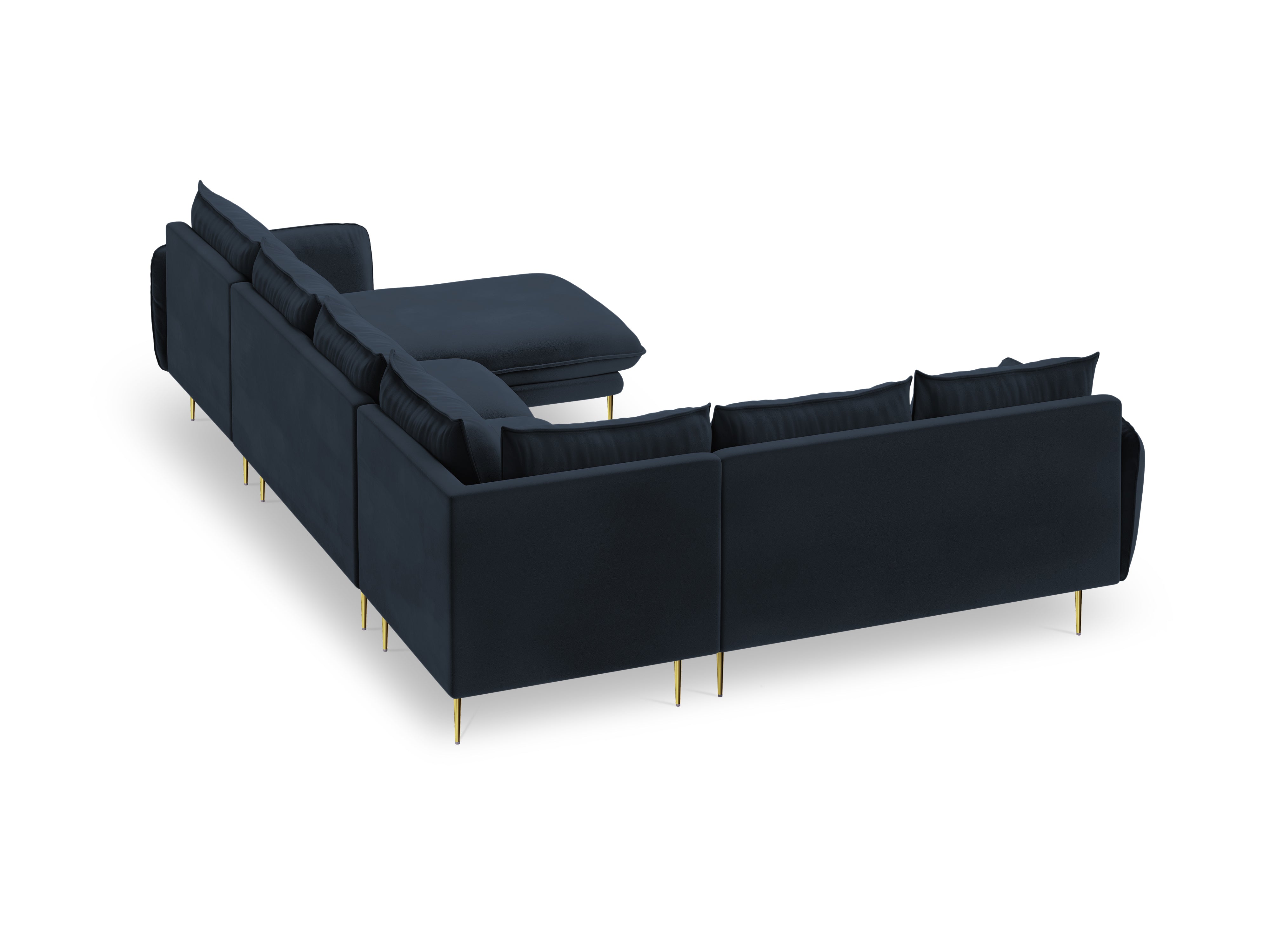 Panoramic Velvet Left-Facing Sofa for 7 People VIENNA in Dark Blue with Gold Base