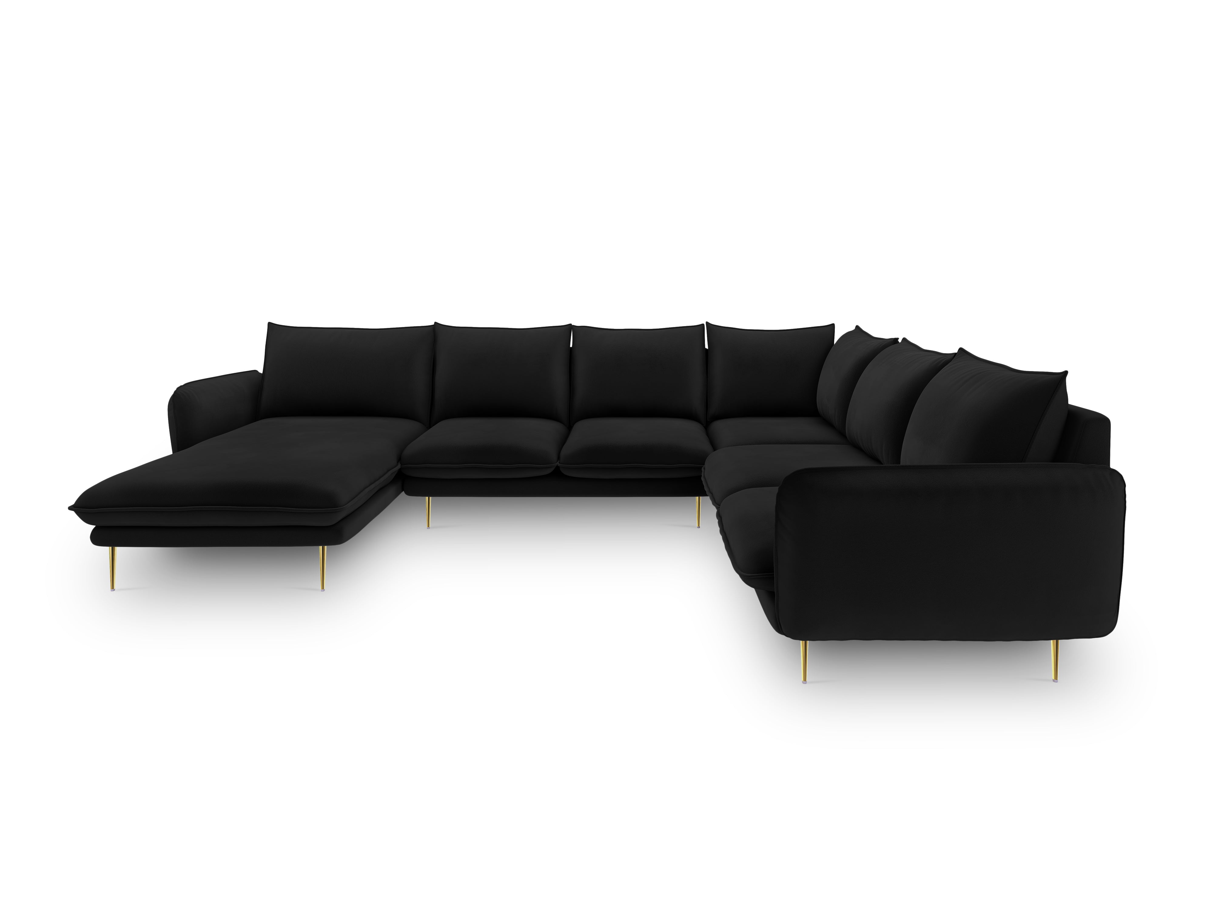 Panoramic Velvet Corner Sofa Right-Handed 7-Seater VIENNA Black with Gold Base