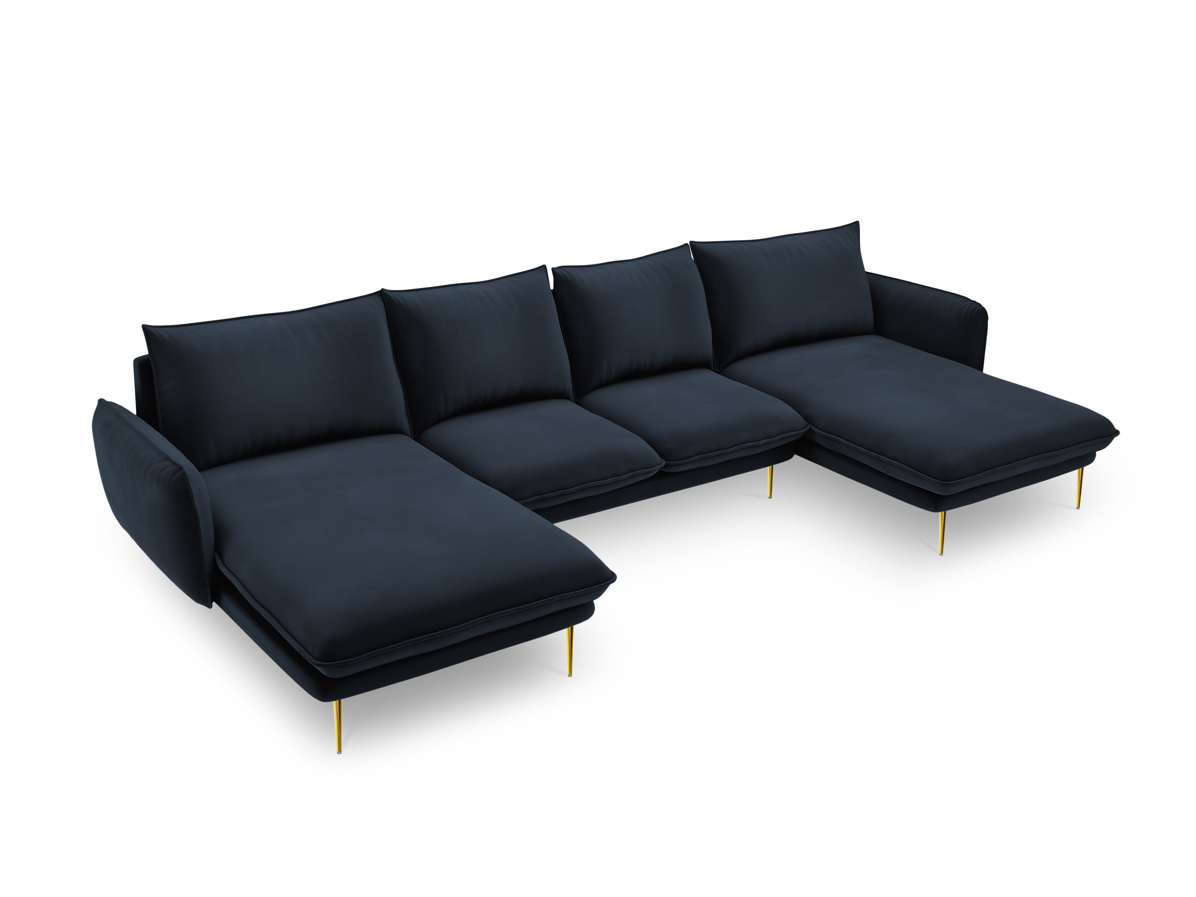 Panoramic Velvet Sofa for 6 People VIENNA Dark Blue with Gold Base