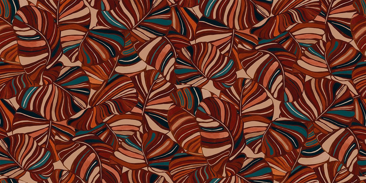 Textile wallpaper with a tropical leaf pattern PACHIRA - PURPLE red
