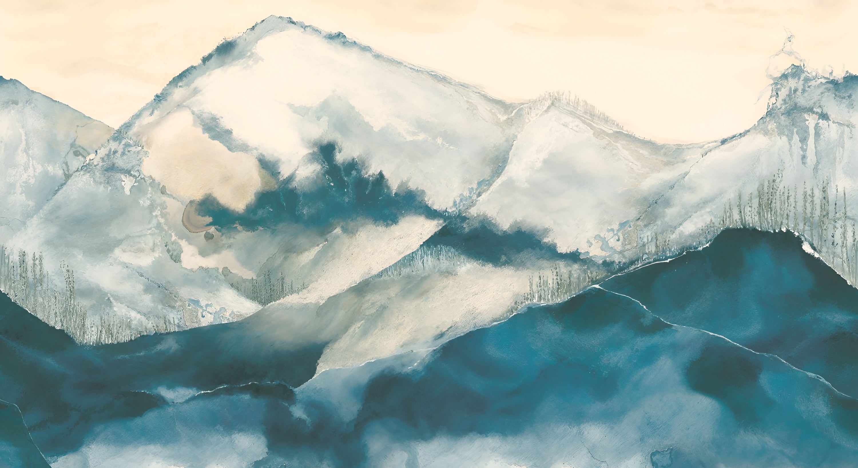 Mural z abaki z górskim motywem HORIZON - BLEU BEIGE DORÉ niebieski z beżem