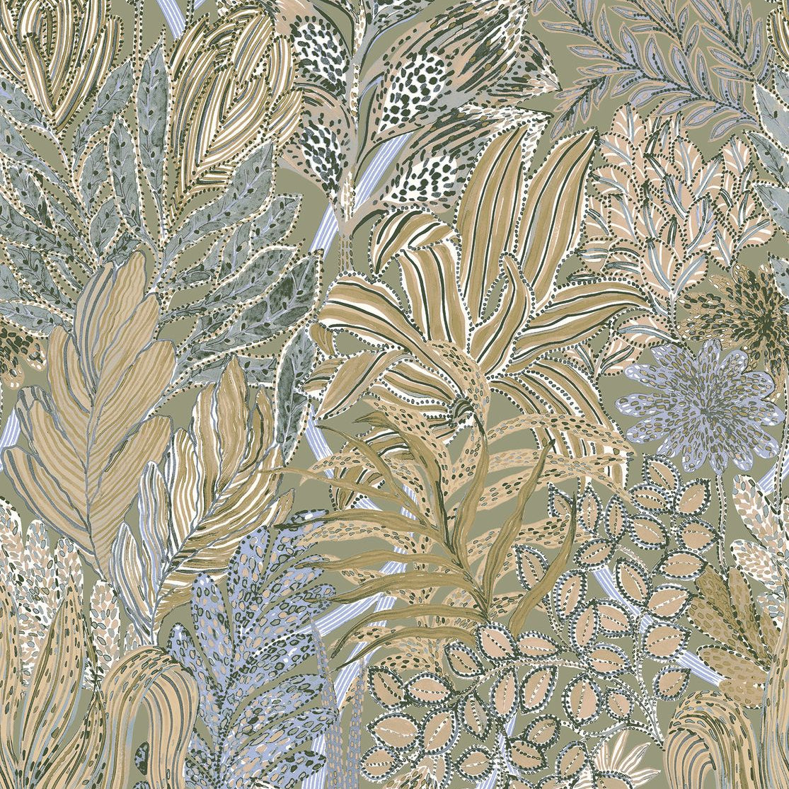 Non-woven wallpaper with a plant motif BORROMMEE - SAGE/LILAC beige with lilac