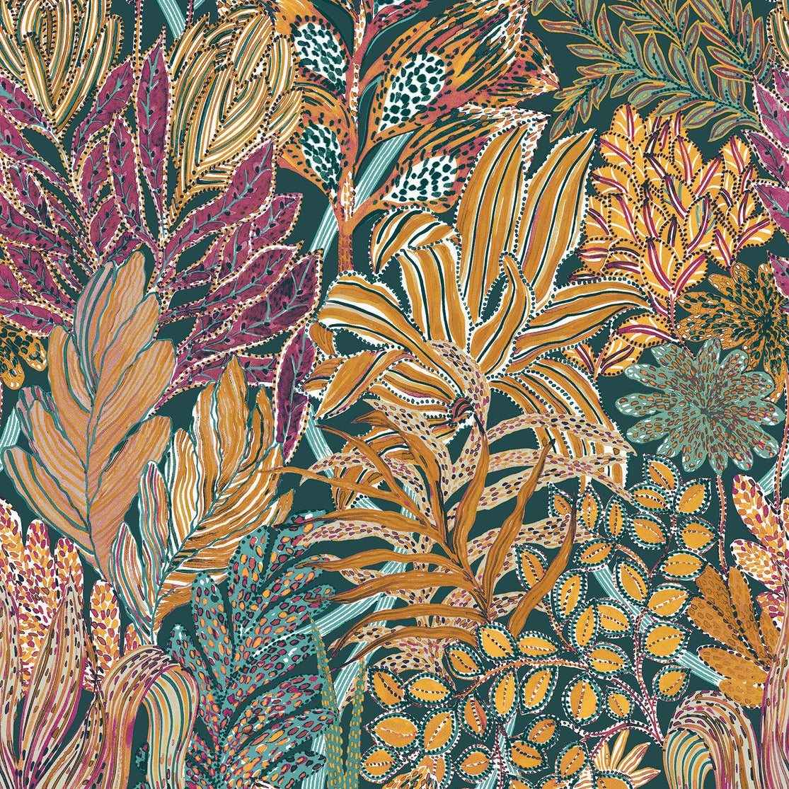 Tapeta flizelinowa z motywem roślinnym BORROMMEE - PÉTROLE/MULTICO turkusowy z zielonym