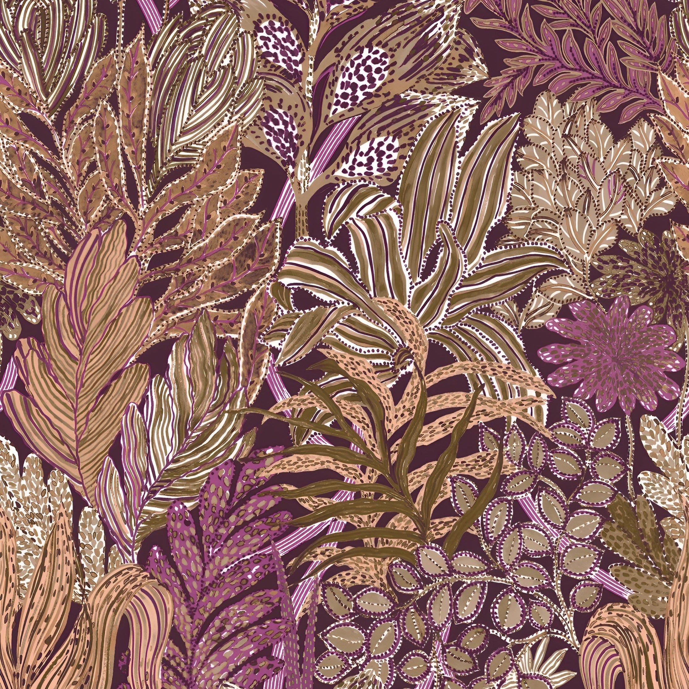 Non-woven wallpaper with a plant motif BORROMMEE - PURPLE/OLIVE purple with olive