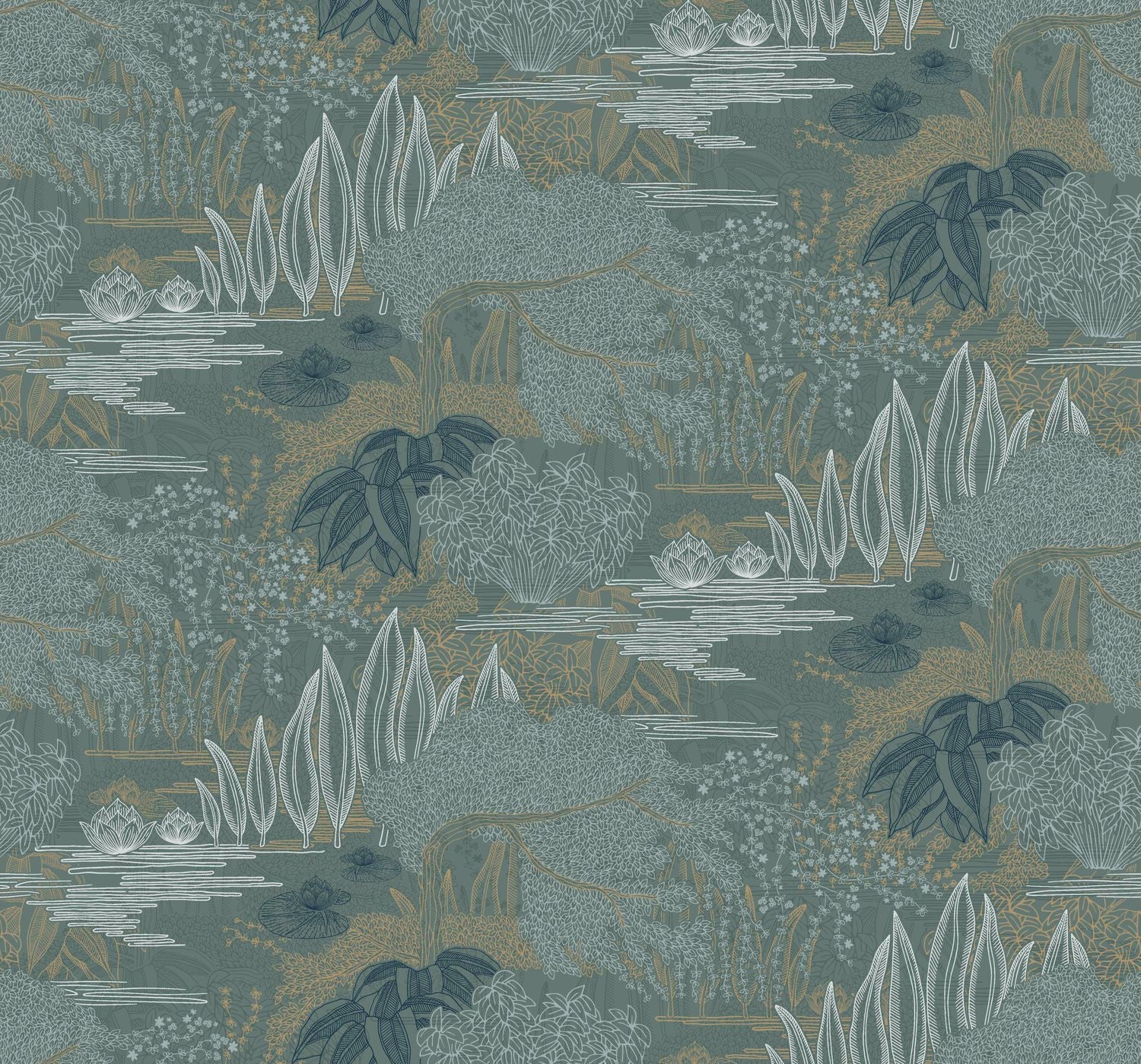 Tapeta z krajobrazem roślinnym ogrodu wodnego JASMIN - VERT DE GRIS/DORÉ zielony ze złotym