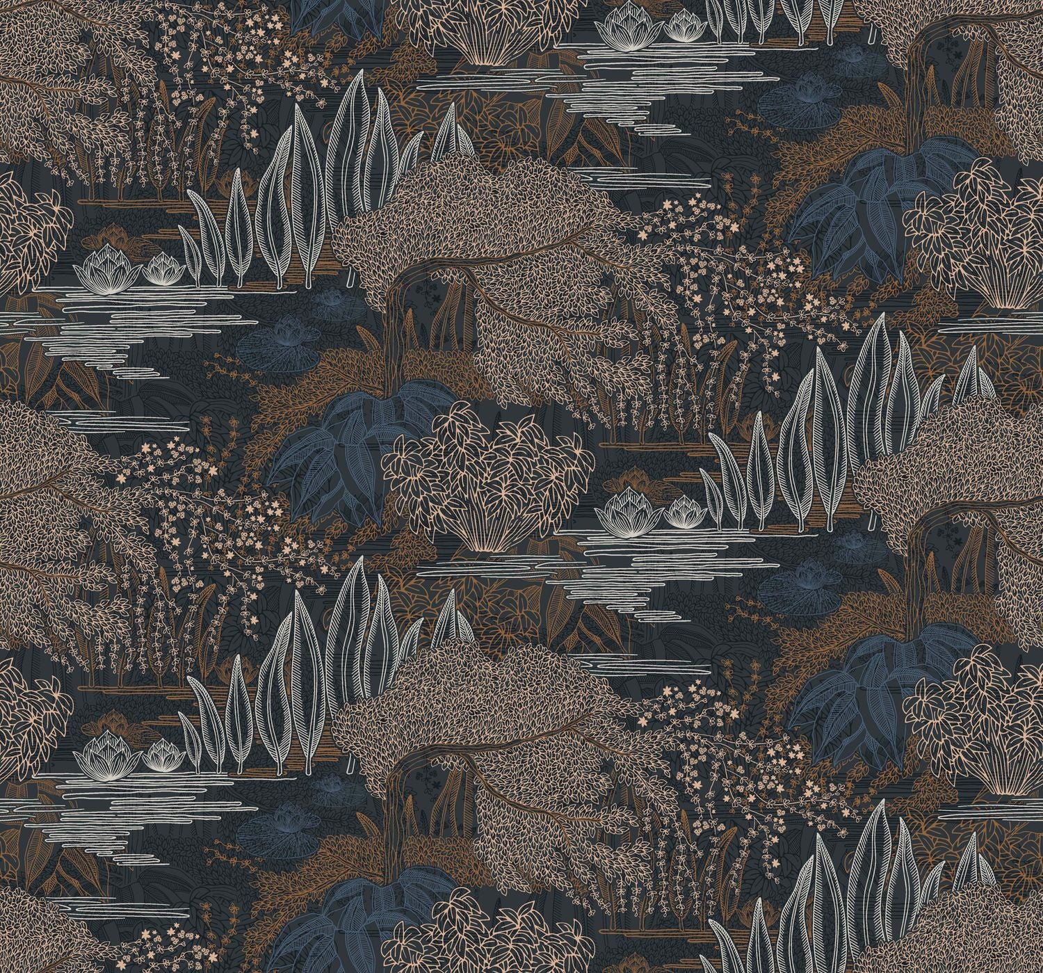 Tapeta z krajobrazem roślinnym ogrodu wodnego JASMIN - ENCRE/CUIVRE czarny z brązowym