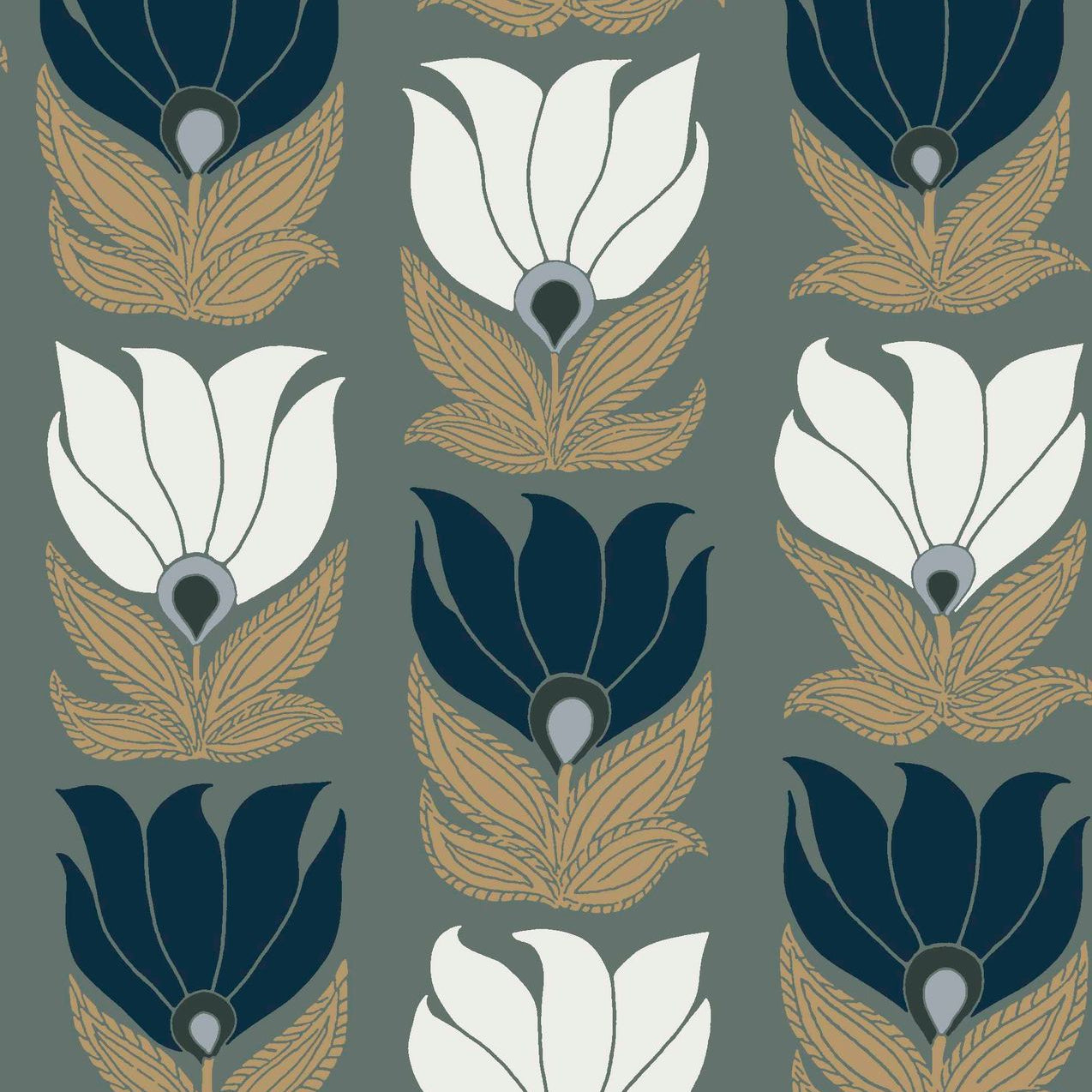 Wallpaper with a floral plant motif DAUPHINE - GREEN WITH GOLD/BLUE