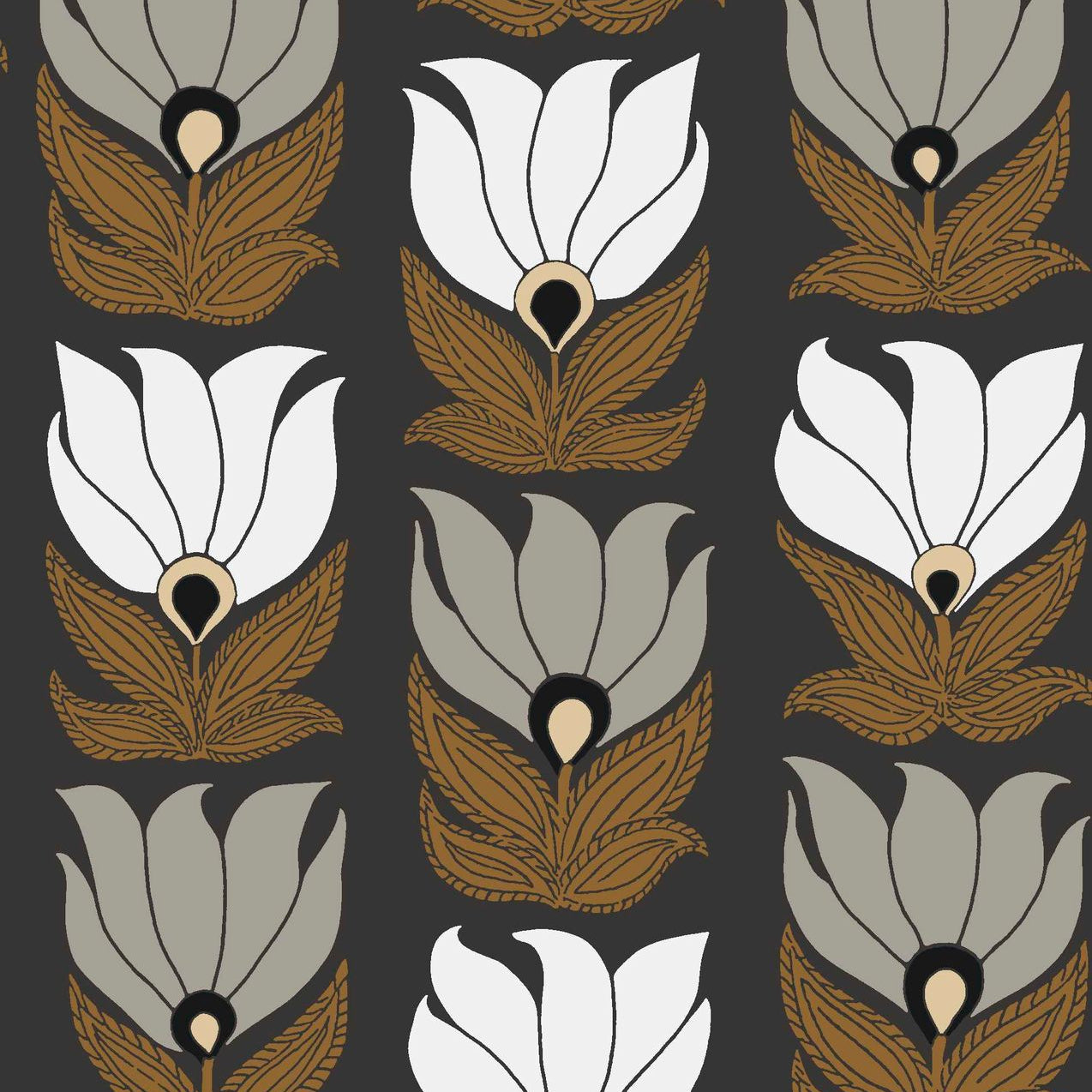 Tapeta z motywem roślinnym kwiatów DAUPHINE - NOIR/DORE czarny ze złotym i szarym