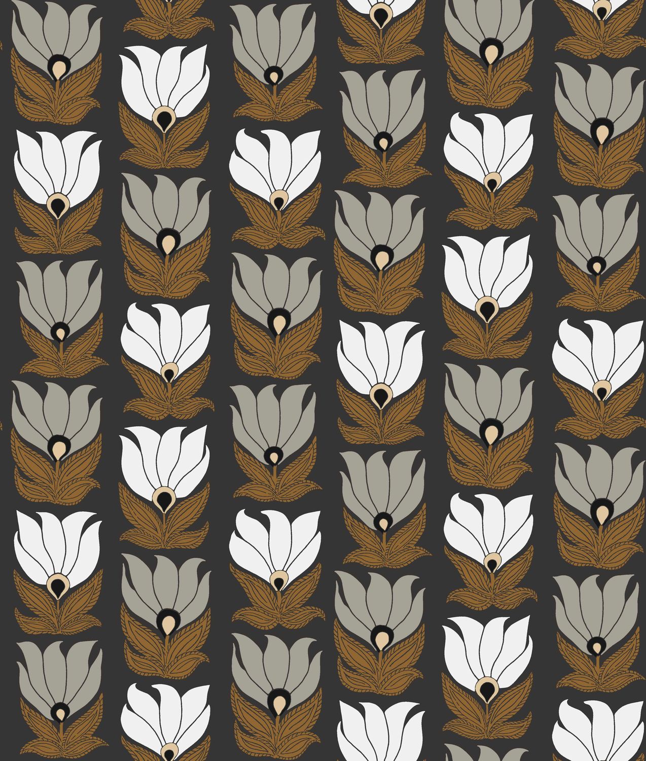 Tapeta z motywem roślinnym kwiatów DAUPHINE - NOIR/DORE czarny ze złotym i szarym